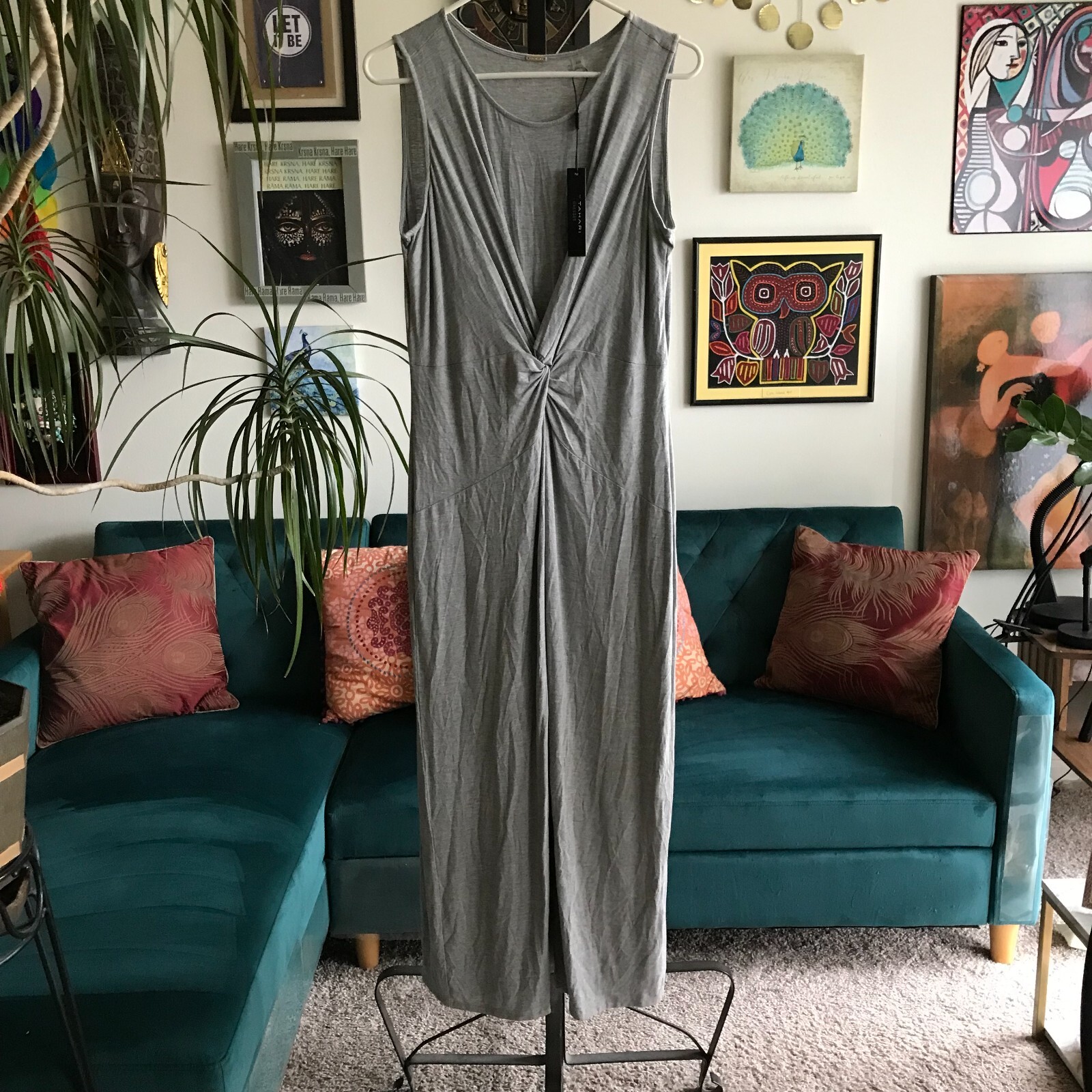 T TAHARI size M Heather Gray Stretch Jersey Sleeveless Maxi Dress NWT