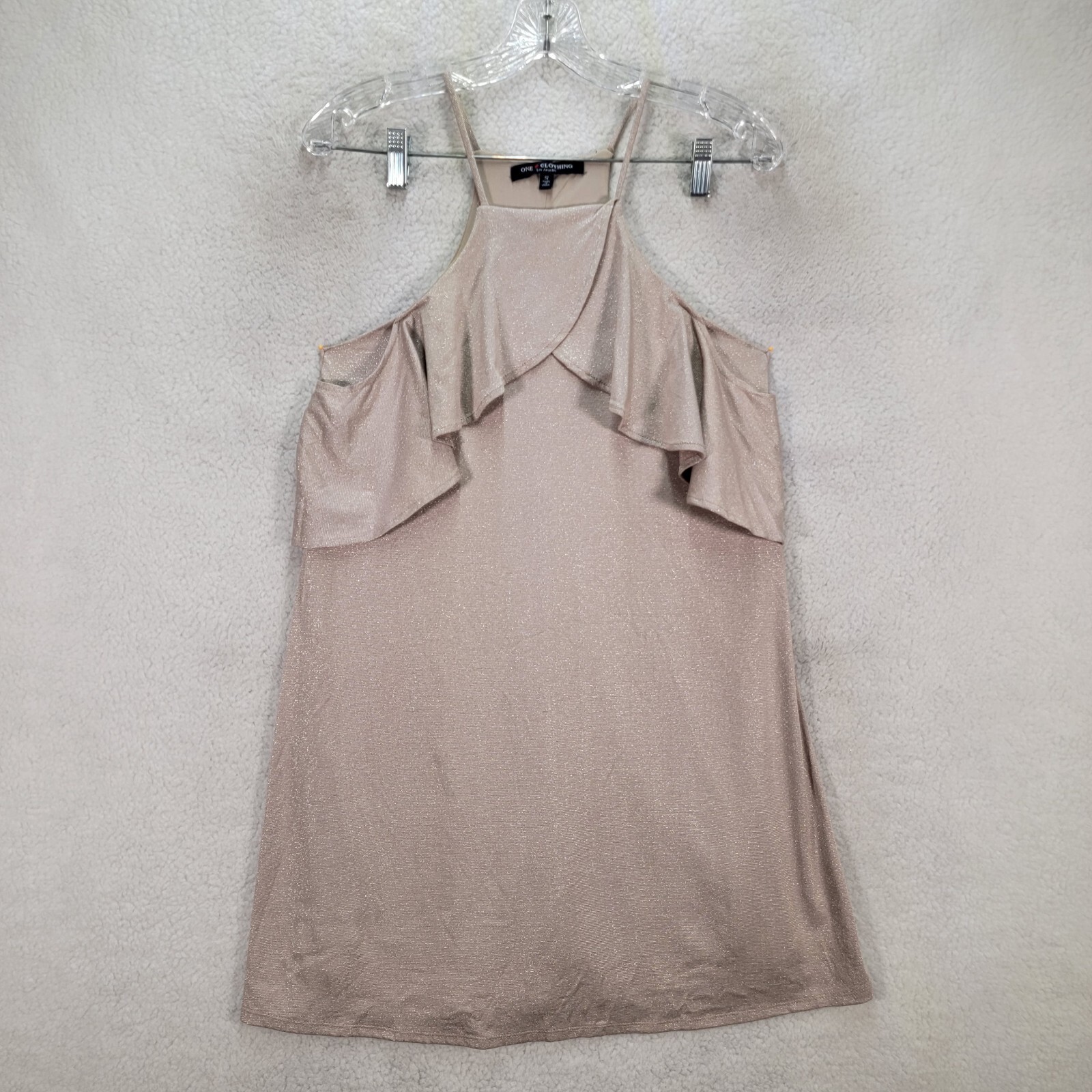 One Love Clothing Womens Dress Size S Beige Glitter Stretch Flowy Ruffled A Line