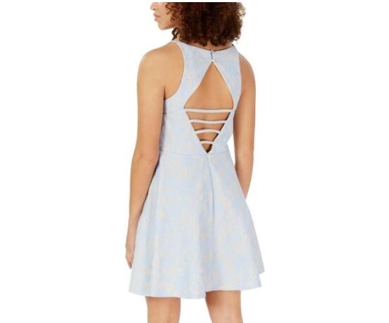 Speechless Junior Womens 7 Nude Blue Sleeveless Bonded Lace Fit Flare Dress NWT