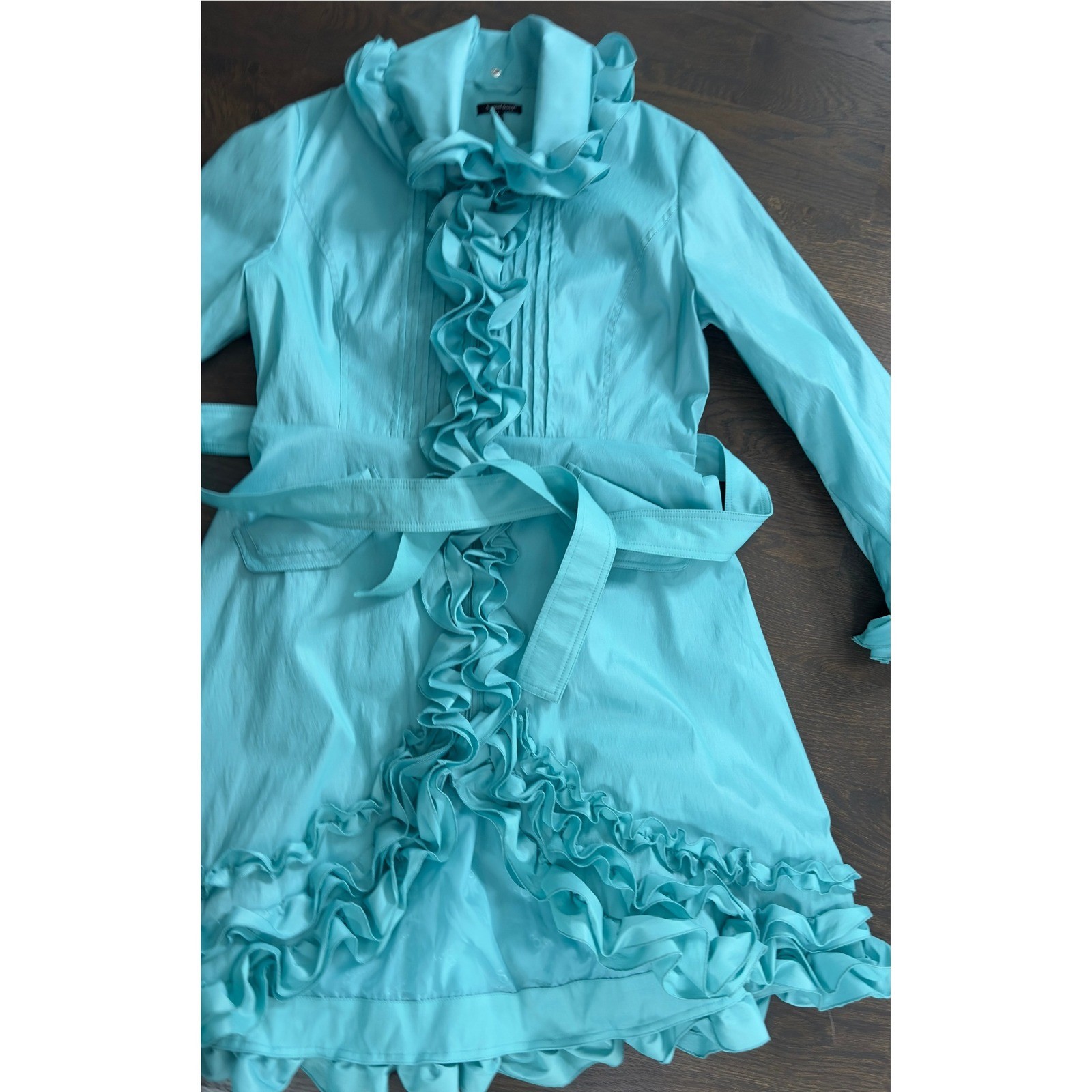 Samuel Dong Aqua Blue Ruffle Trimmed Belted Trench Coat Unique L