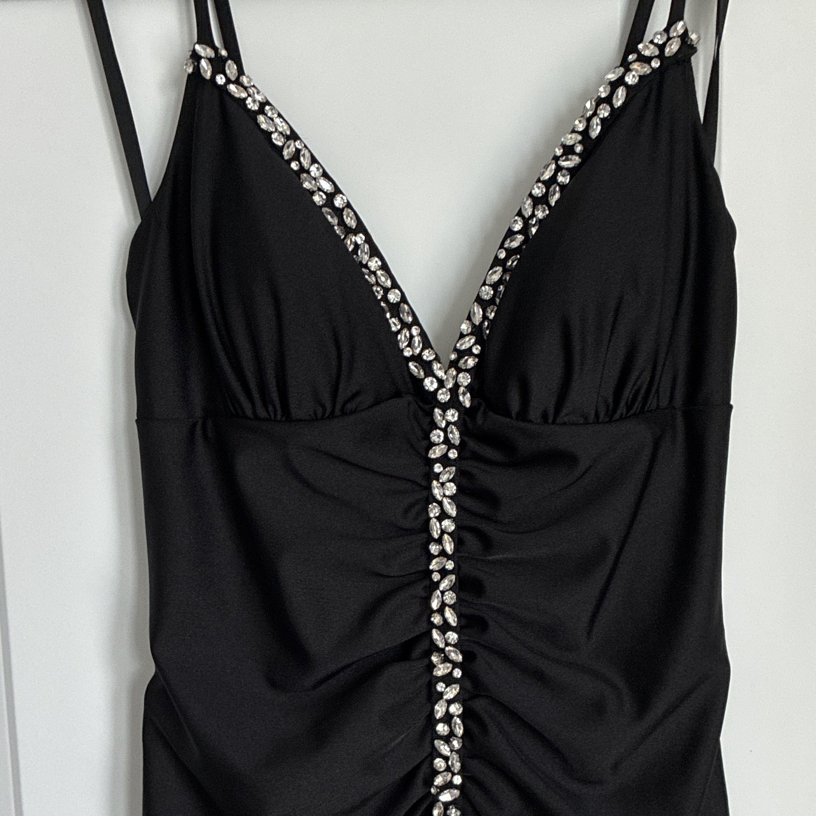 alex & sophia Black Maxi Dress 9/10 V-Neck Spaghetti Strap Beaded Lace-Up