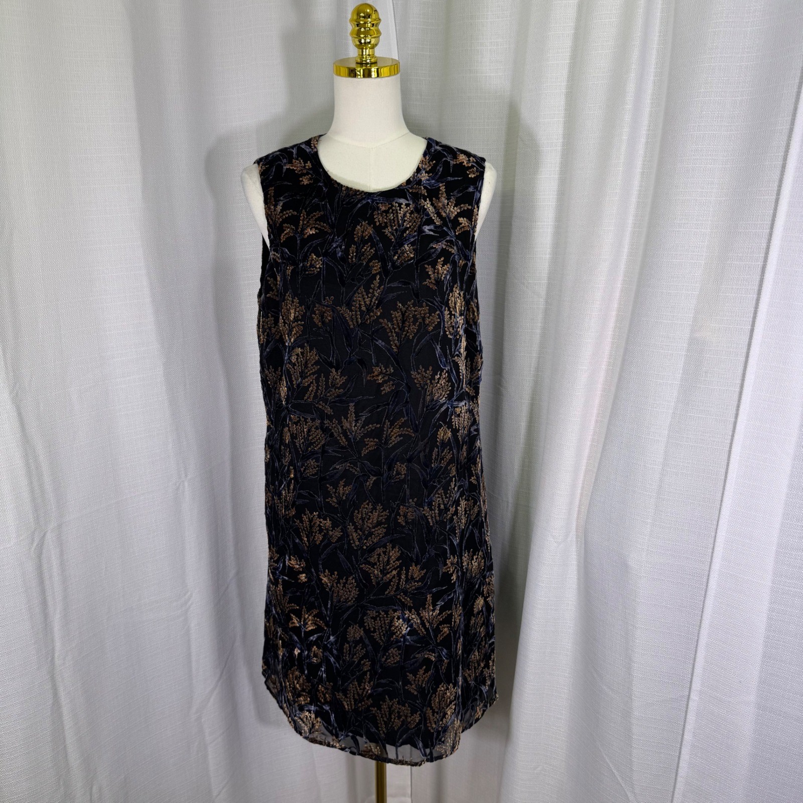 VTG Maggy London Shift Dress US 14 Black Brown Burnout Velvet Floral USA Made