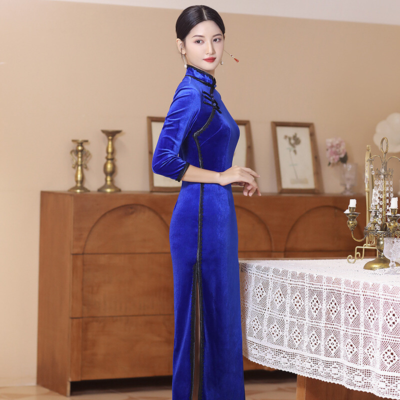 2024 Autumn Winter Qipao Dress Chinese Velvet Long Cheongsam Women Party Gown