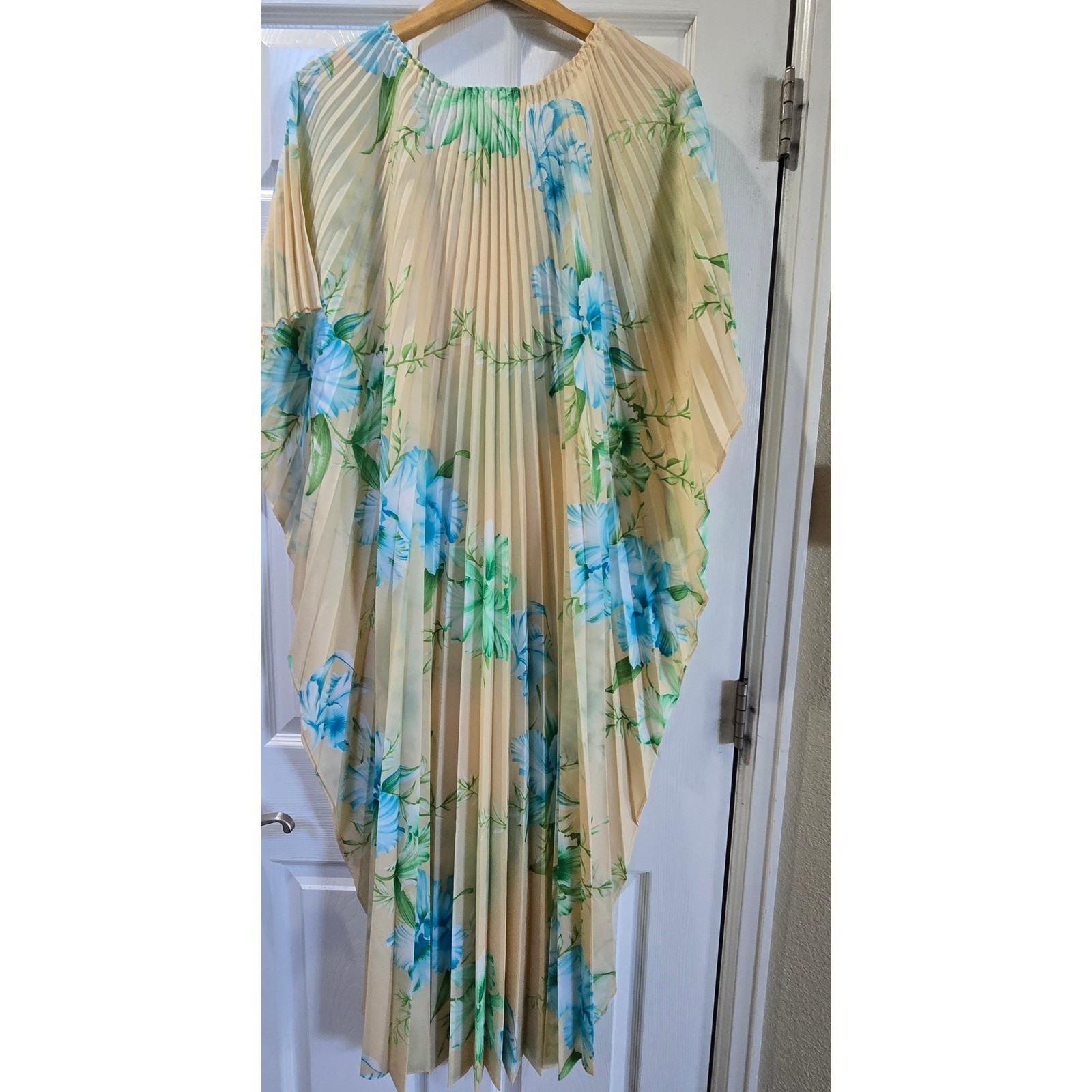 Vintage Floral Pleated Maxi Kaftan Cream/yellow Blue Green Accordion one size
