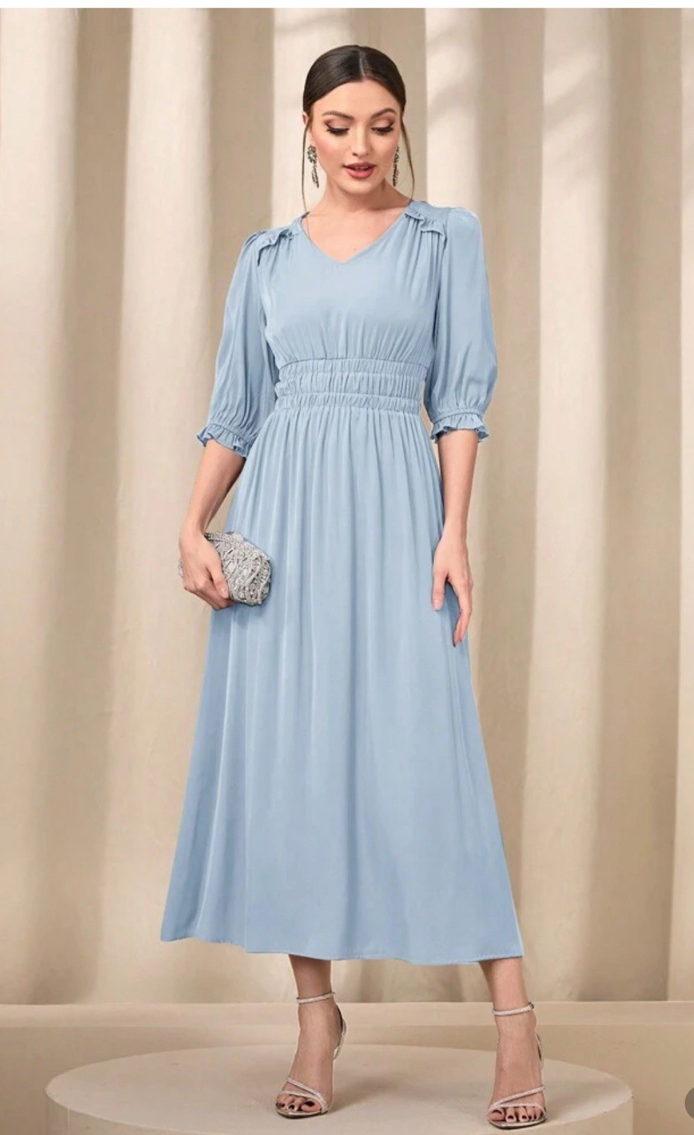 Women’s Blue Solid V-Neck 3/4 Puff Sleeve Elastic Waist A-Line Midi Dress M