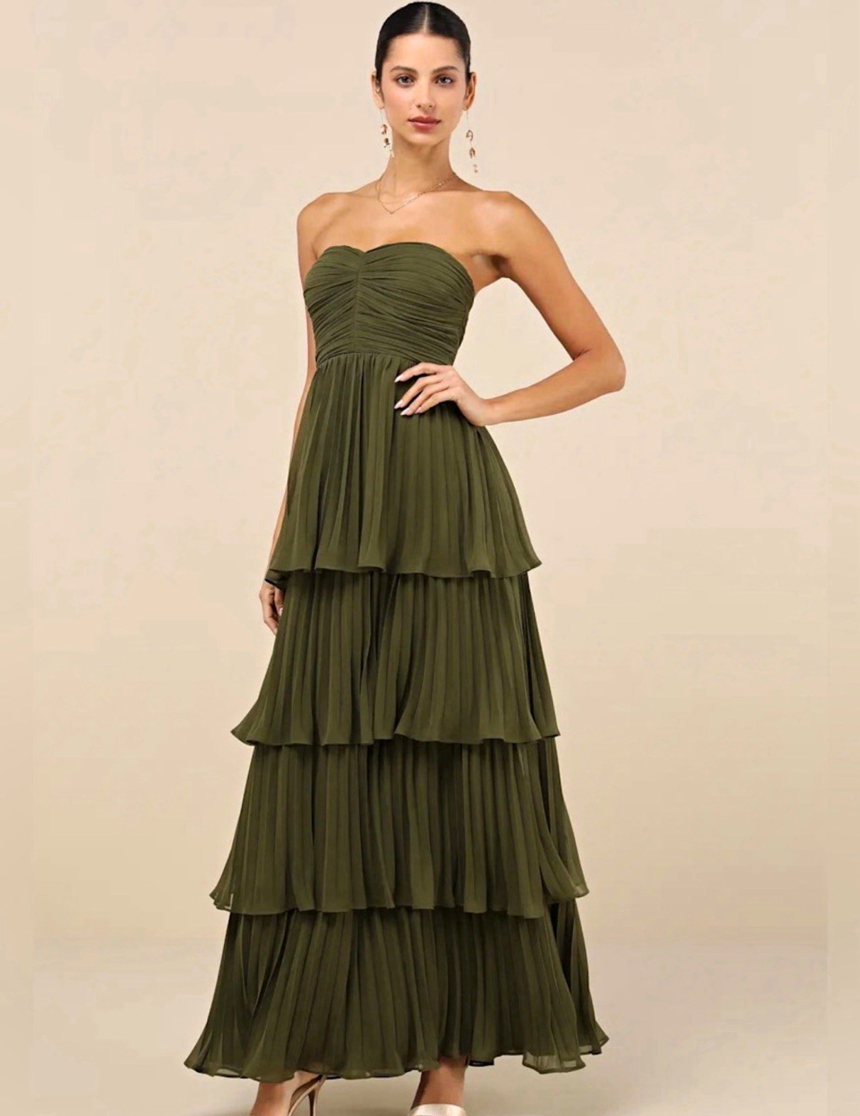 Lulus Green Strapless Sweetheart Chiffon Pleated Ruffle Maxi Dress, Size XL
