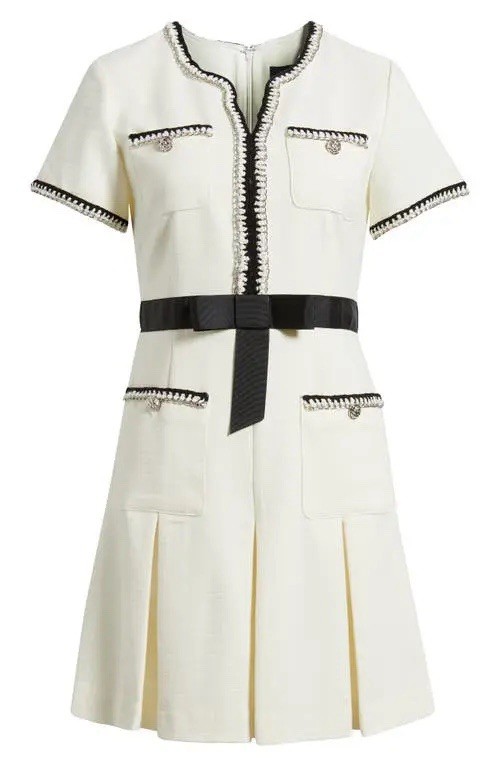 Tahari A-Line dress short sleeve pleated tweed trim size 10 ecru ivory black