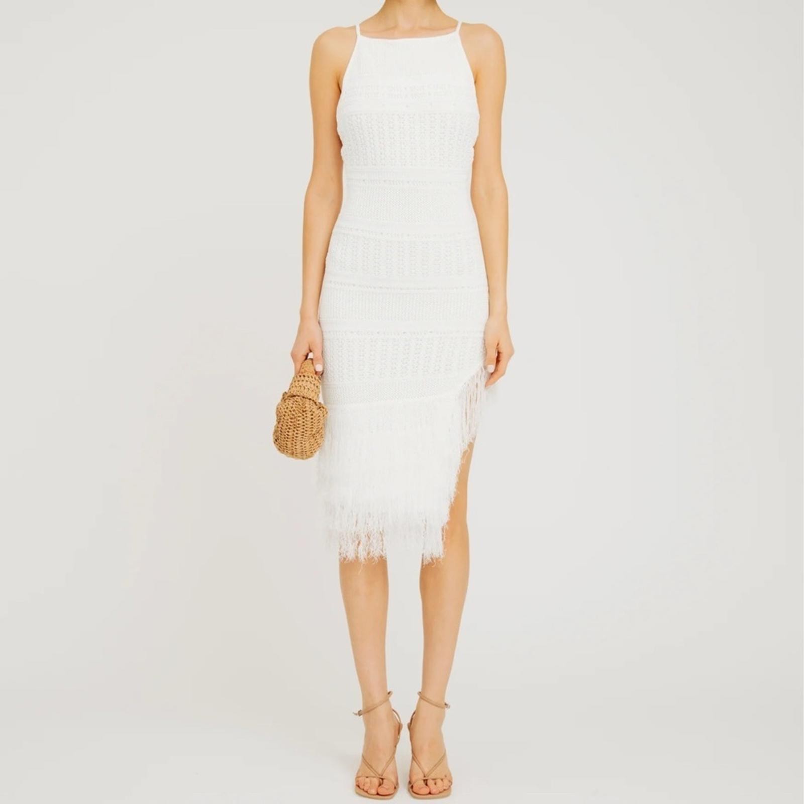 Torn by Ronny Kobo Yuna White Knit Fringe Asymmetric Midi Dress Size Large NWT