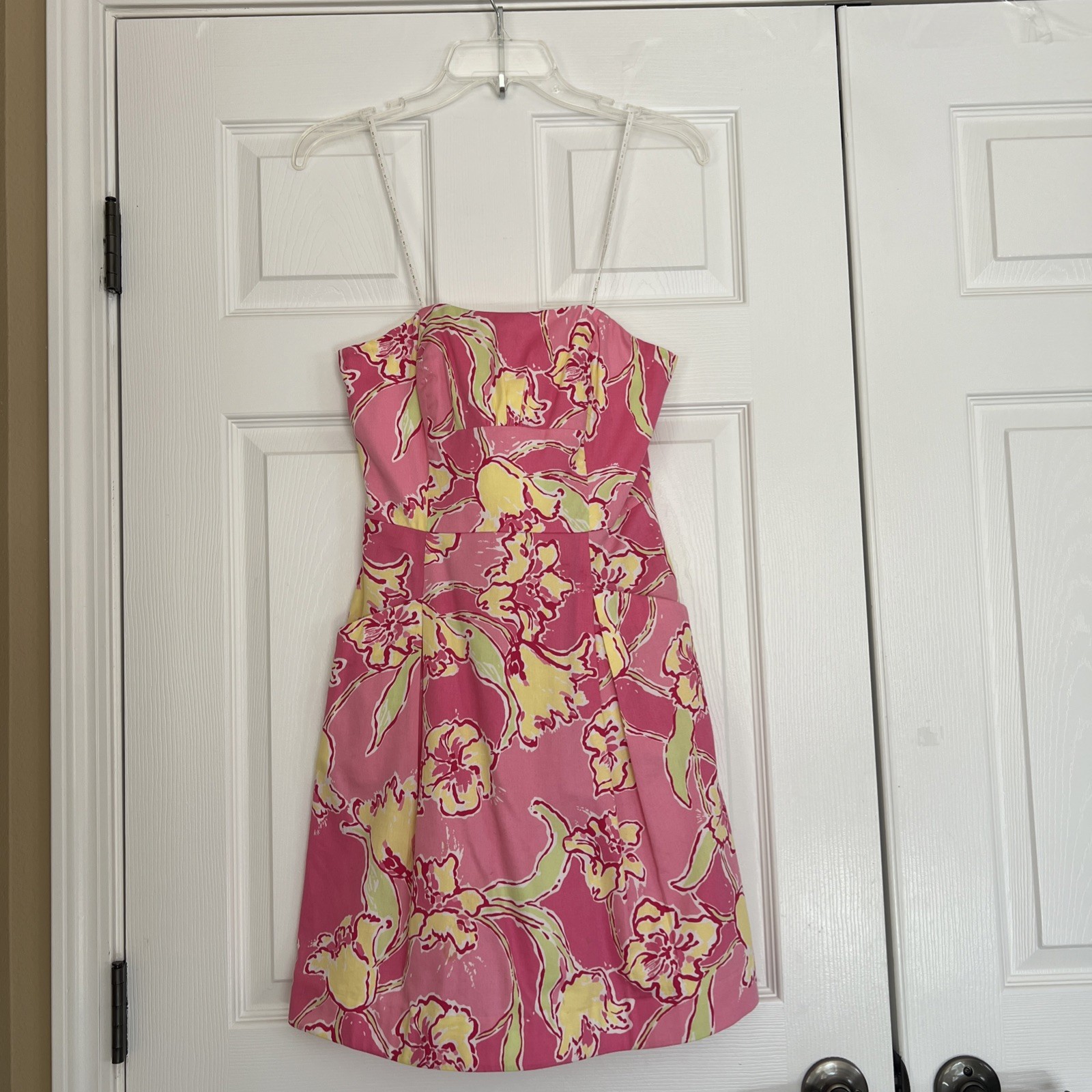 Lilly Pulitzer ClassicPink and Yellow Strapless Floral Dress With Slash Pockets