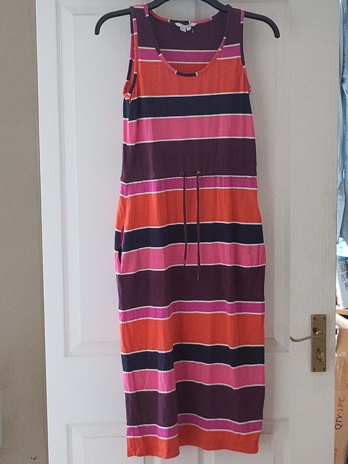 Boden Striped Sleeveless Midi Spring/ Summer Dress- Size 8R- pockets- waist tie