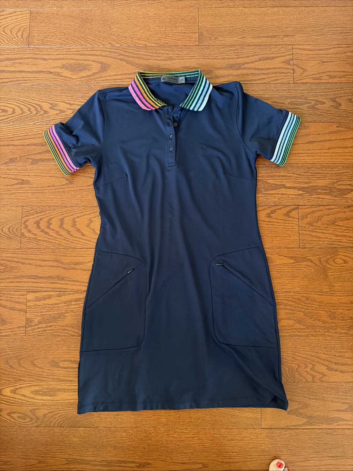 G/Fore Golf Pique Dress Womens Size S TWLT Logo Navy Rainbow Collar Polo