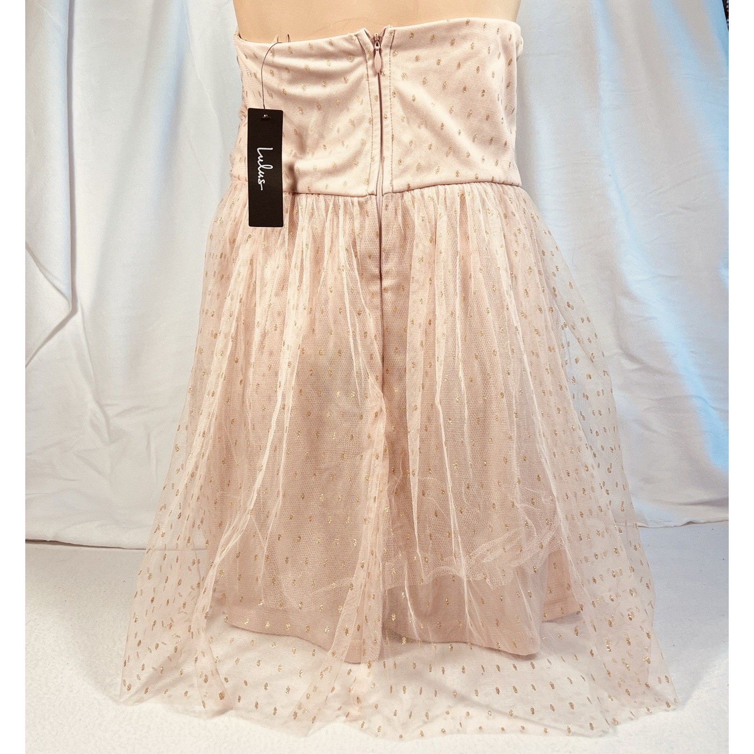 Lulus Strapless Mini Dress Womens Large Pink Gold Metallic Polka Dot Tulle New