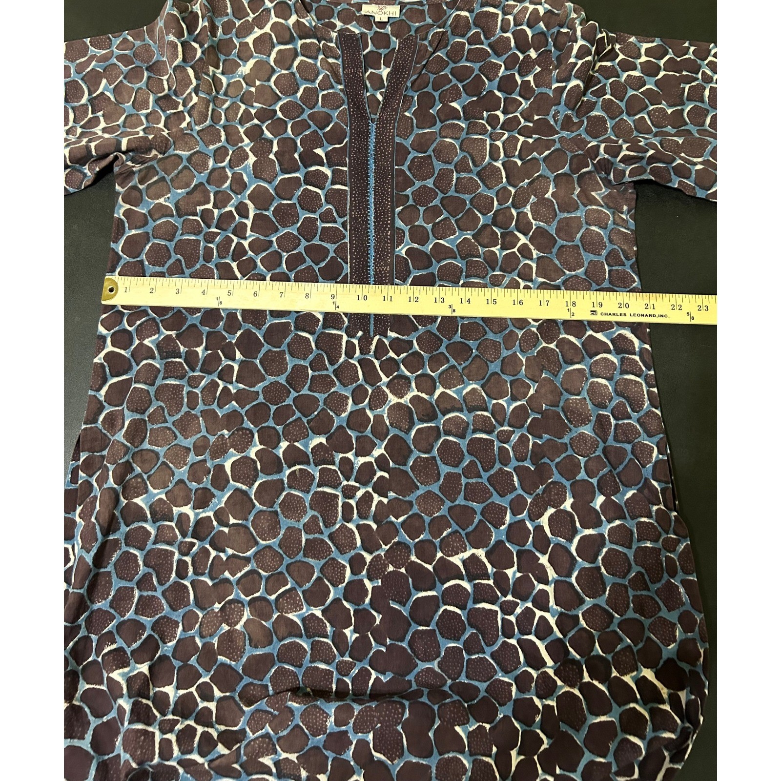 Anokhi Tunic Dress L Indigo Giraffe Block Print Cotton Kurta L/S BOHO Chic Artsy