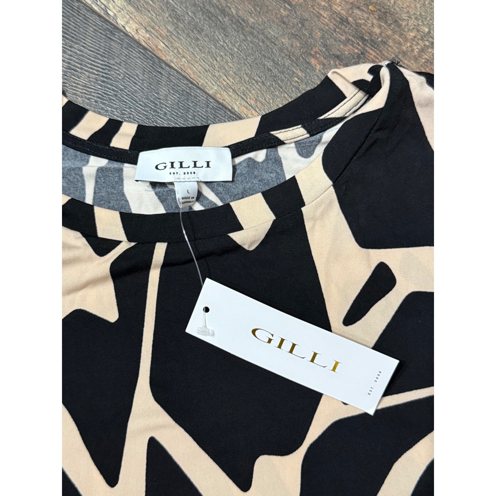 Gilli Women Long Sleeve Abstract Geometric Midi Dress Black Tan O-Ring Ruched L