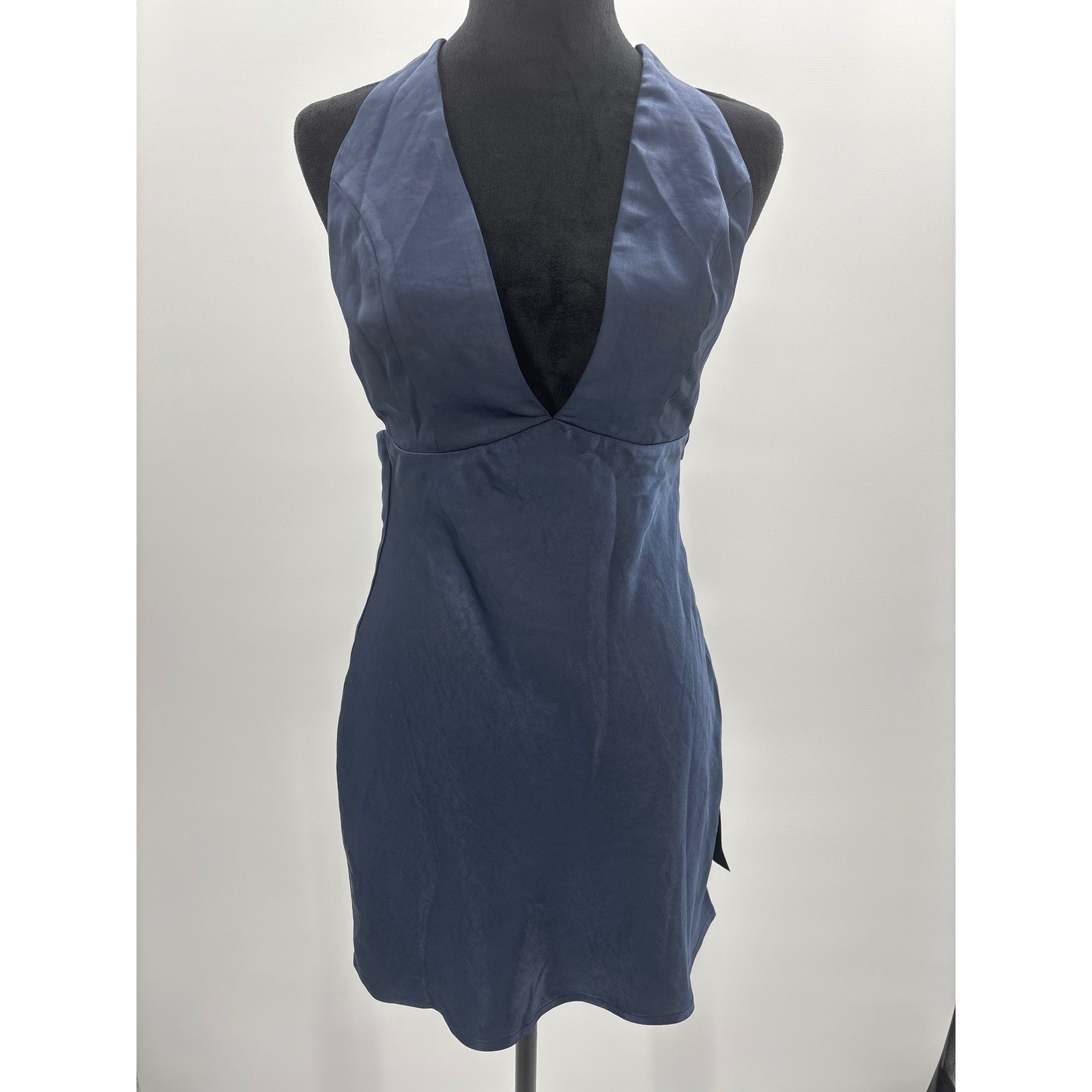 Lulus Zimri Navy Blue Satin Halter Mini Dress Open Back Tie Detail NWT Small