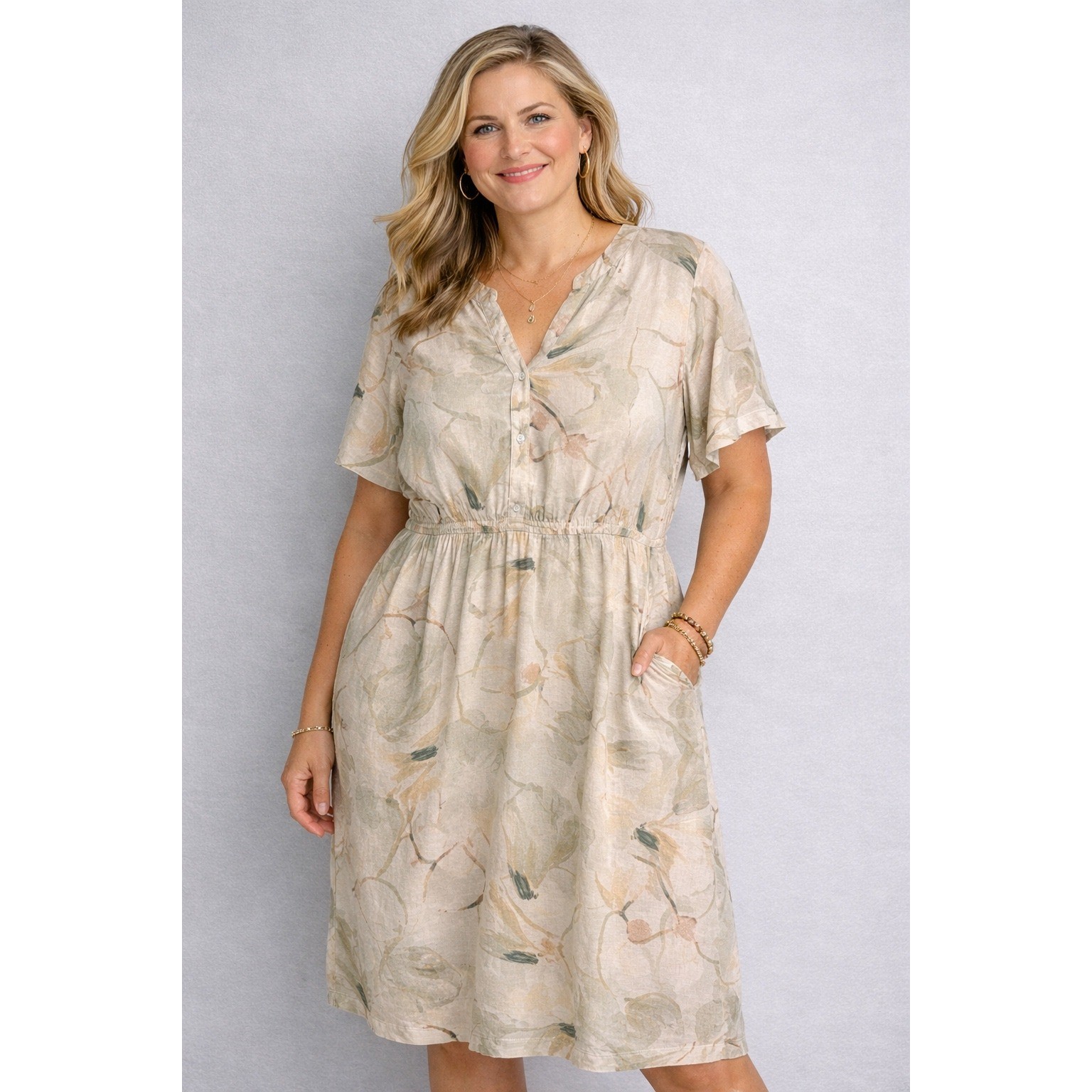 Naturals d&co. Dress Women Large Beige Floral Button Linen Blend Midi Earthy