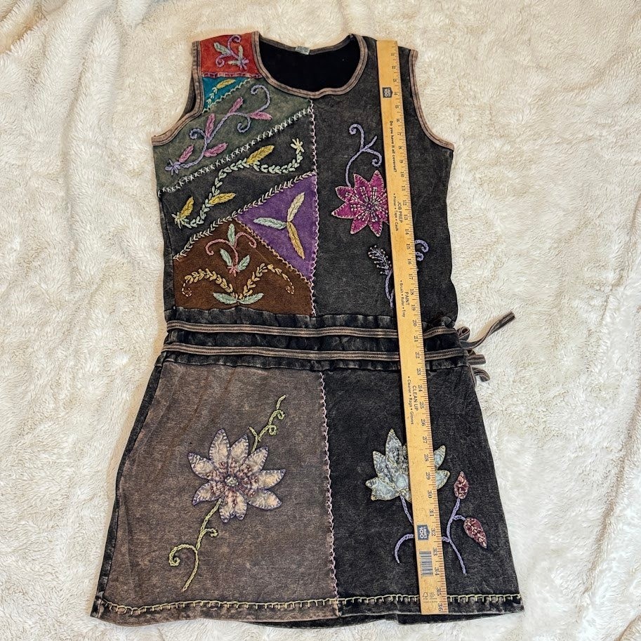 Boho Patchwork Floral Embroidered Mineral Wash Sleeveless Tunic Dress Brown Grey