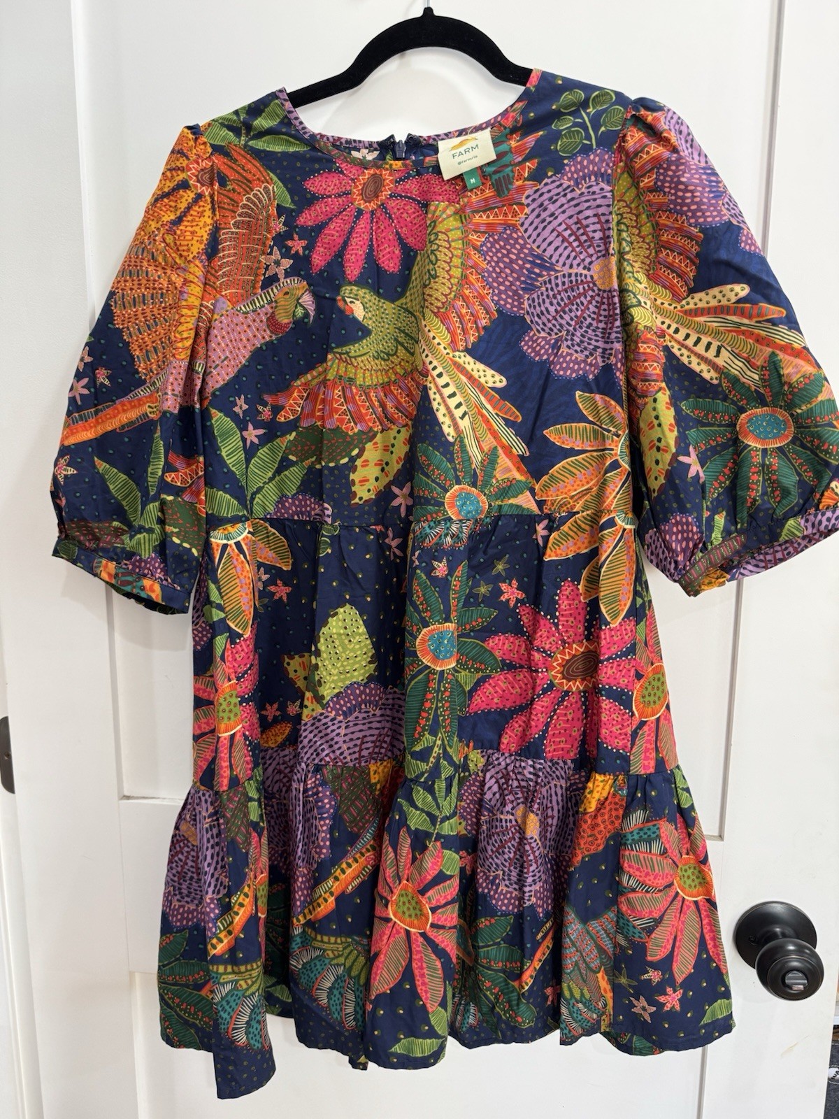 Farm Rio Puff-Sleeve Mini Dress Navy Blue Multicolor Vibrant Floral Macaw Bird M