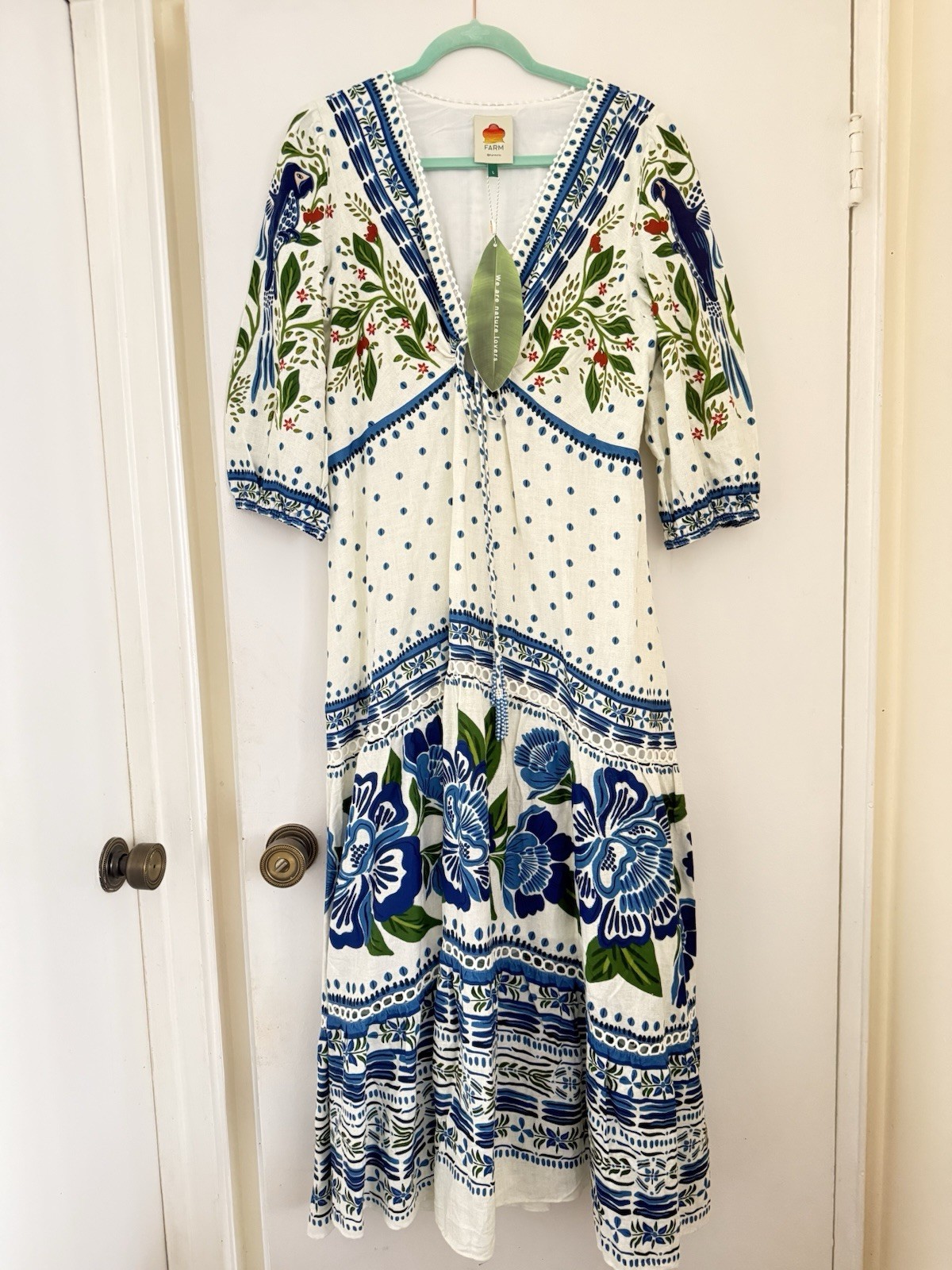 FARM Rio White Maxi Dress with Blue Floral & Green Leaf Motif