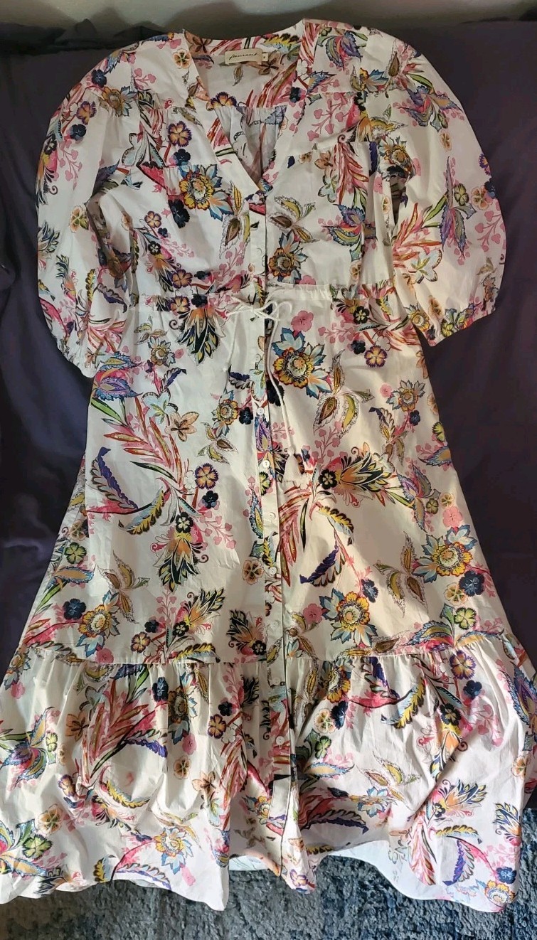 Fleurant Womens Puff Sleeve Button Up Midi A-Line Tie Waist Ruffled Hem Dress M