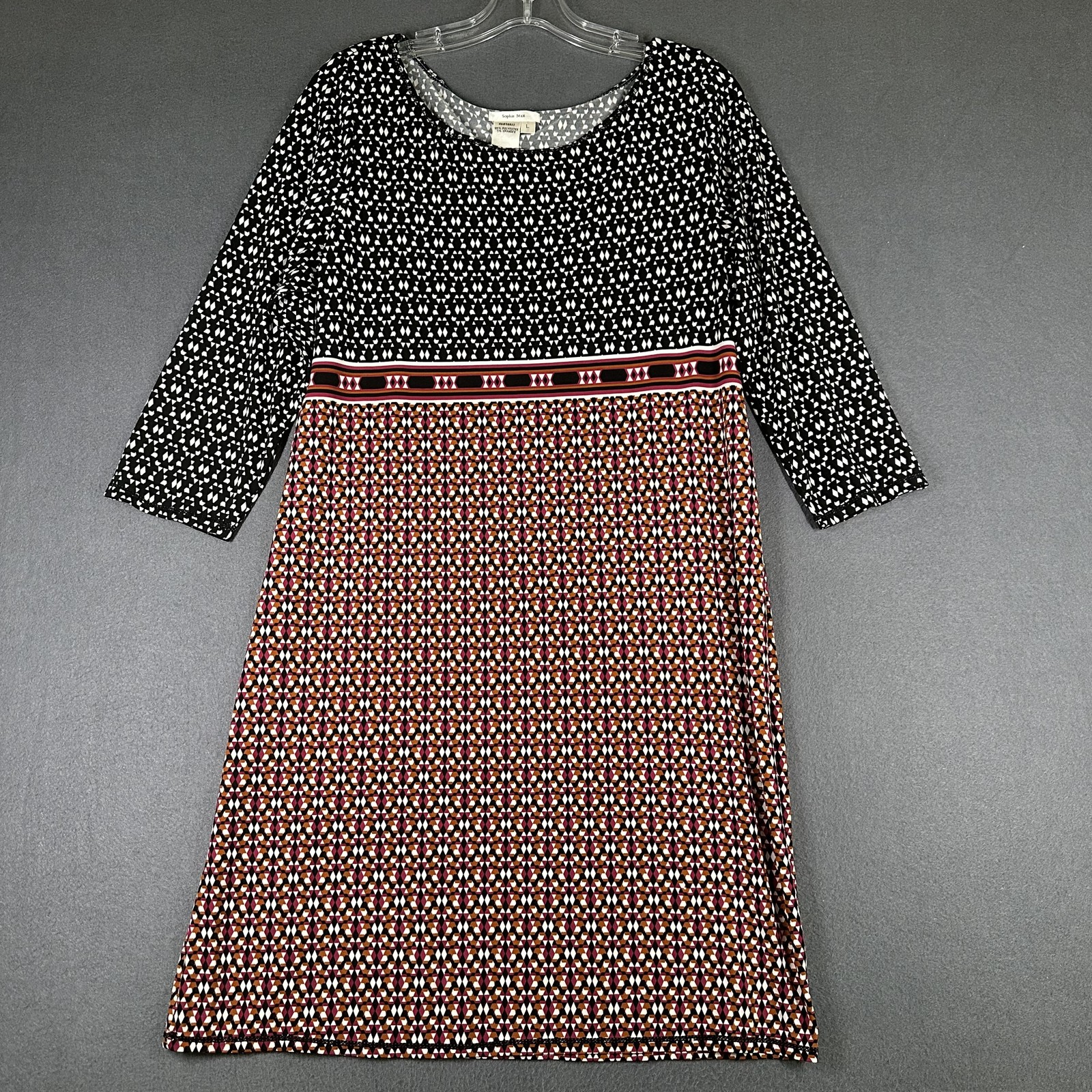 Sophie Max Dress Womens Large Black Multicolor Geometric Print 3/4 Sleeve Boho