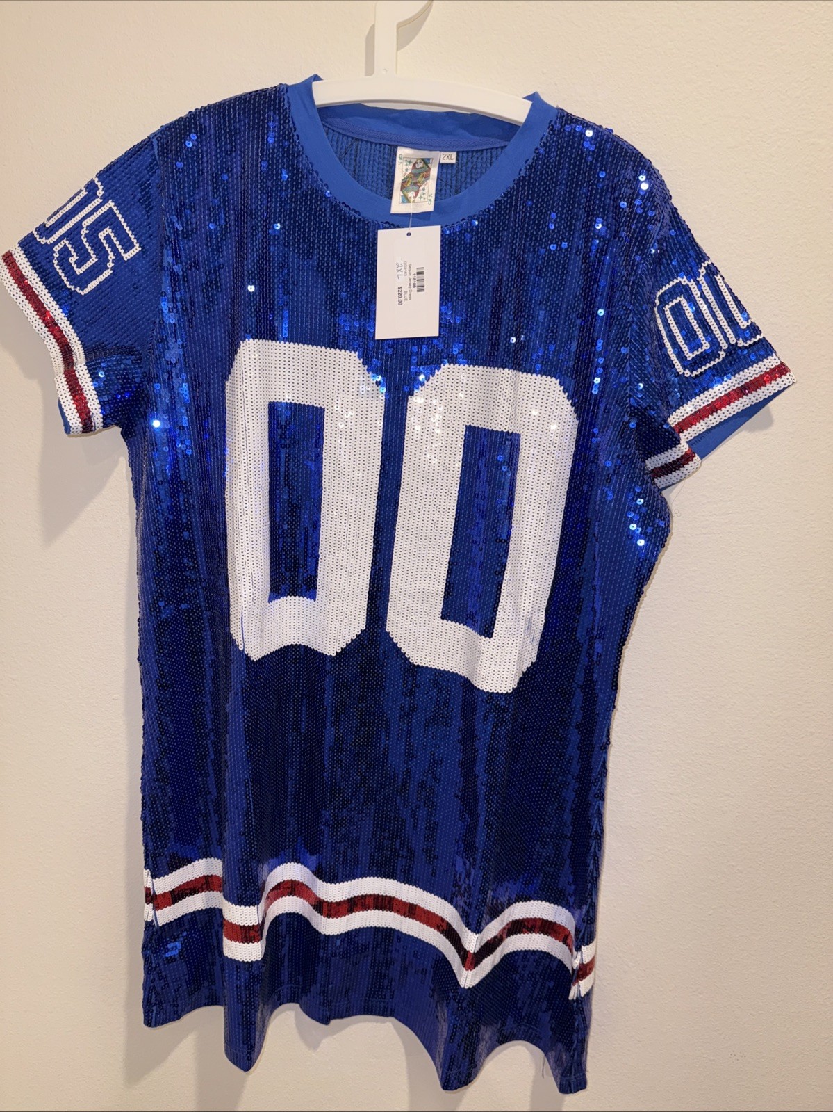 $220 NWT Queen Of Sparkles Sequin Jersey Dress 2XL Blue White Red College Sports