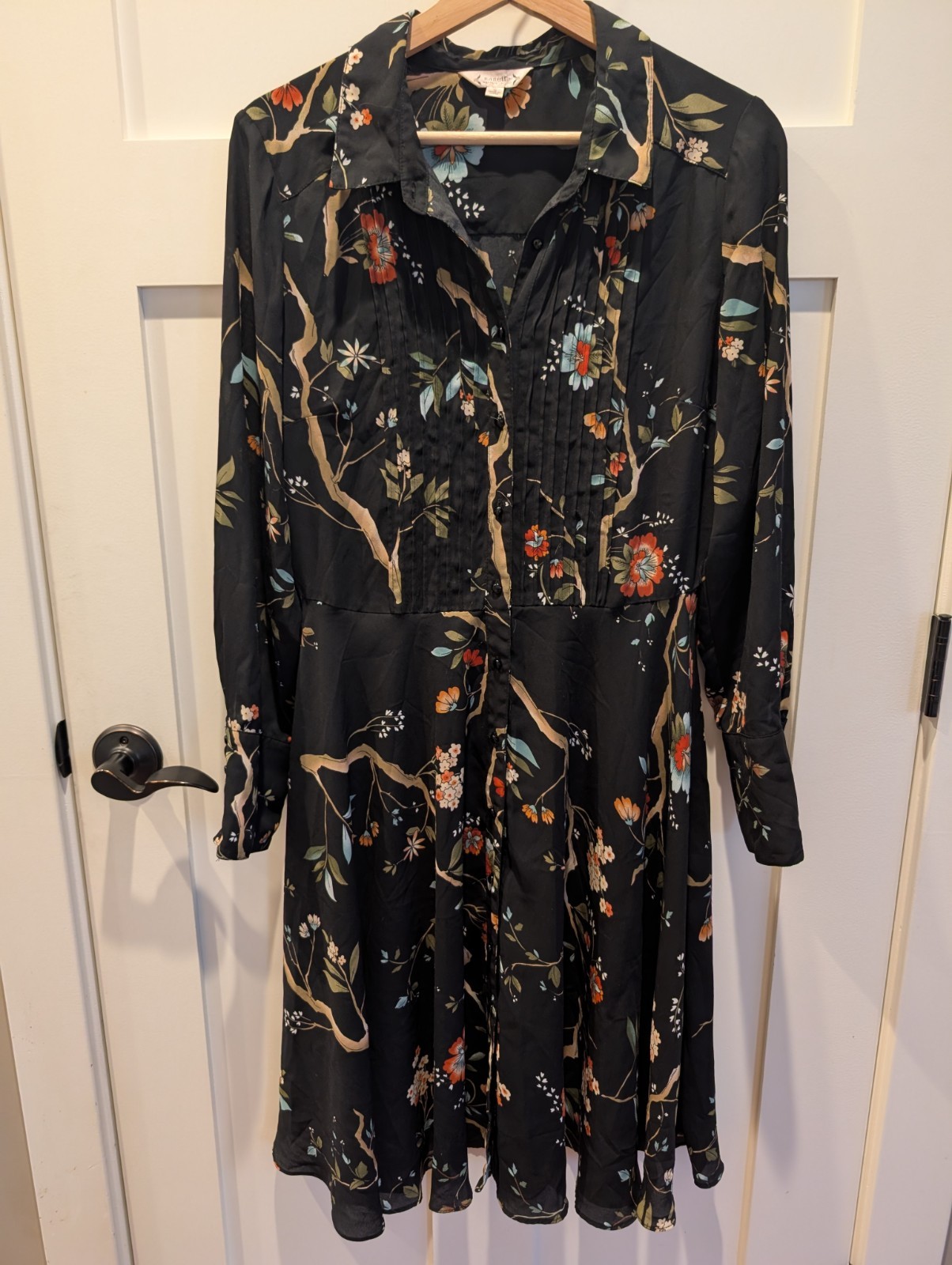 Nanette Lepore Knee Dress Womens 10 Black Pintuck Floral Long Sleeve Y2K Button