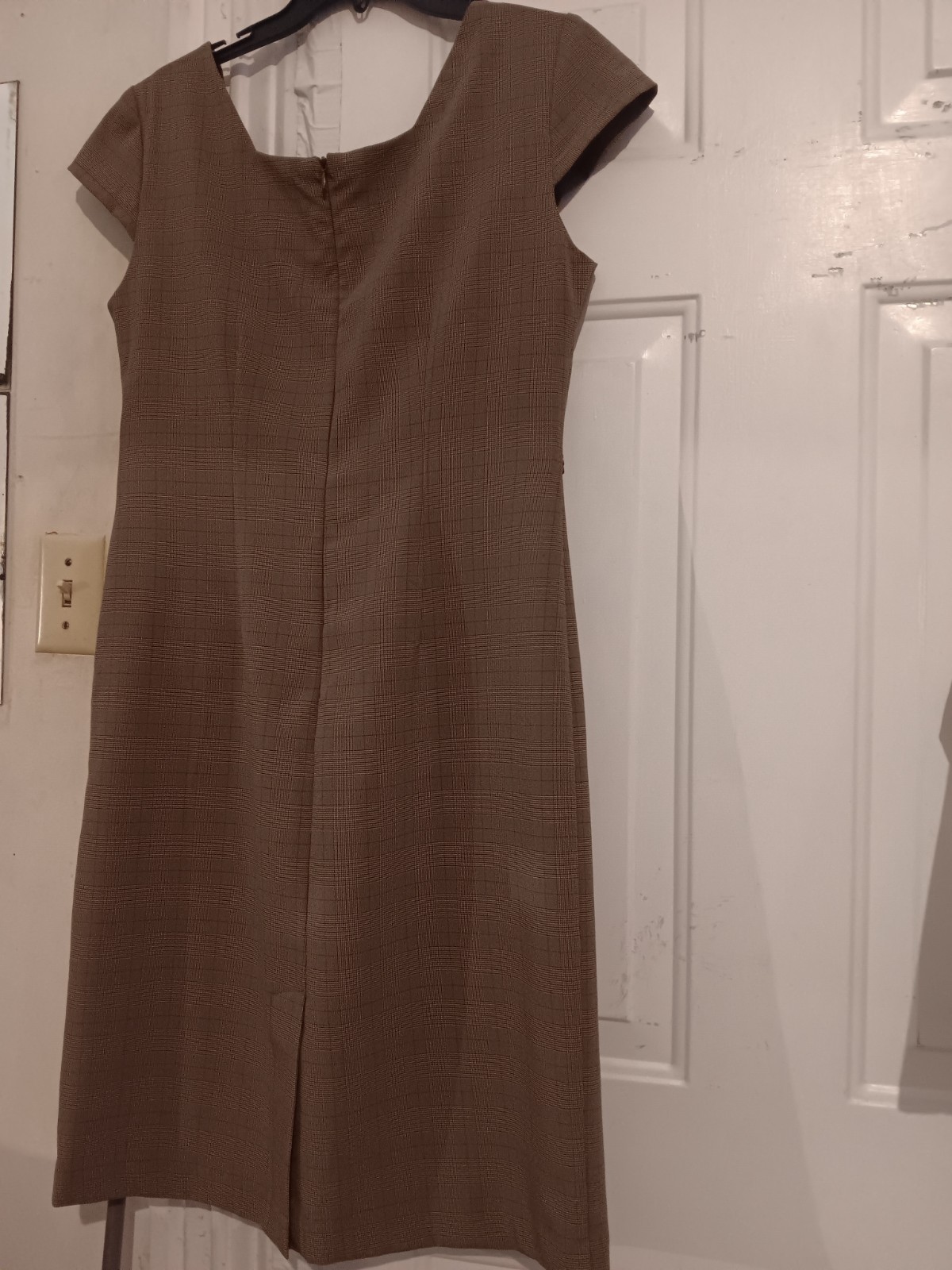 Karin Stevens dress 10 pin stripe plaid dark front belt/ 36 chest /40 in. Long