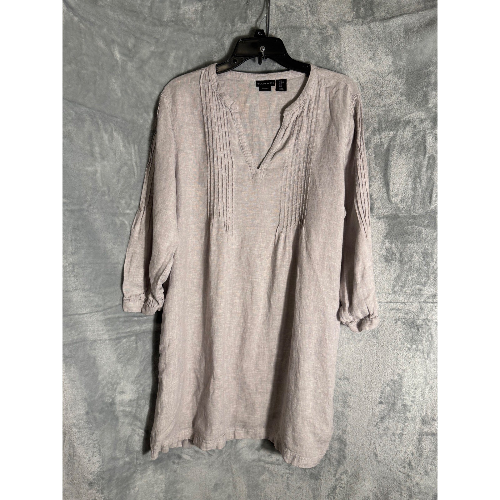 Tahari 100% Linen Pintuck Tunic Dress Beige XL 3/4 Sleeve Side Pockets