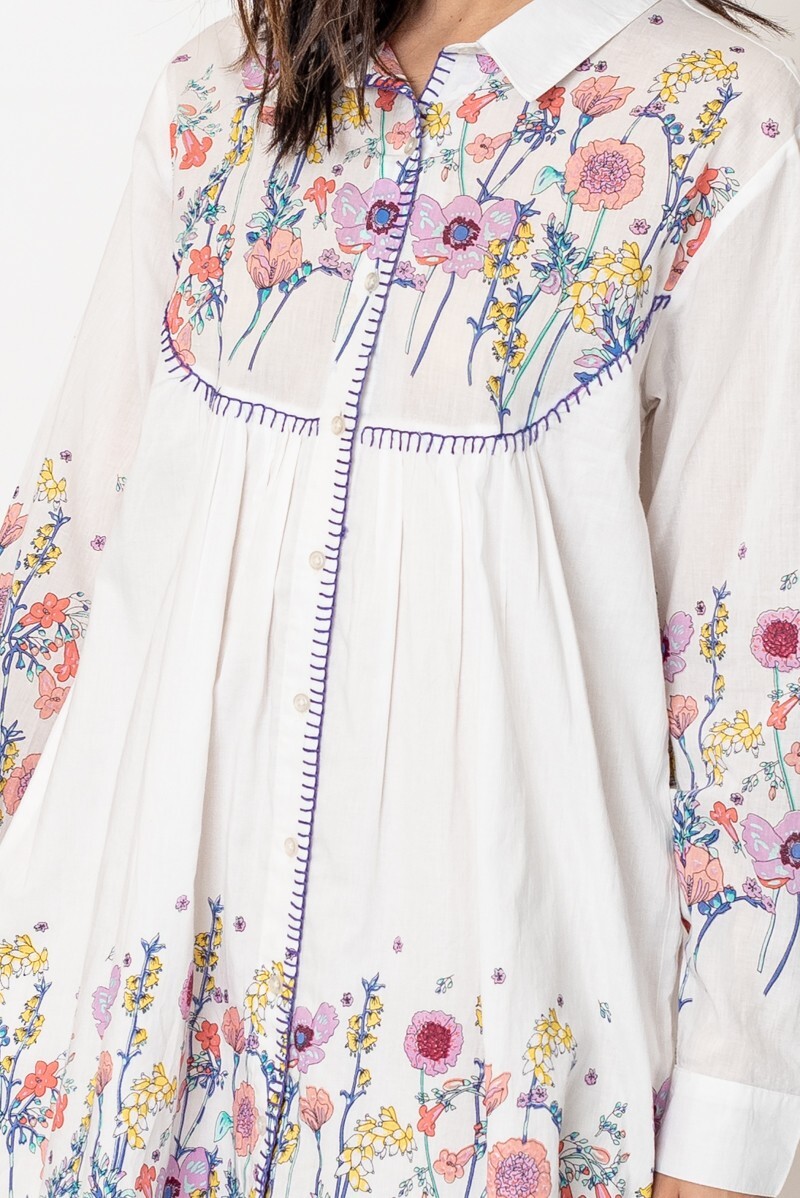En Creme Women’s Floral Blooms Stitched Detail Long Sleeve Mini Dress