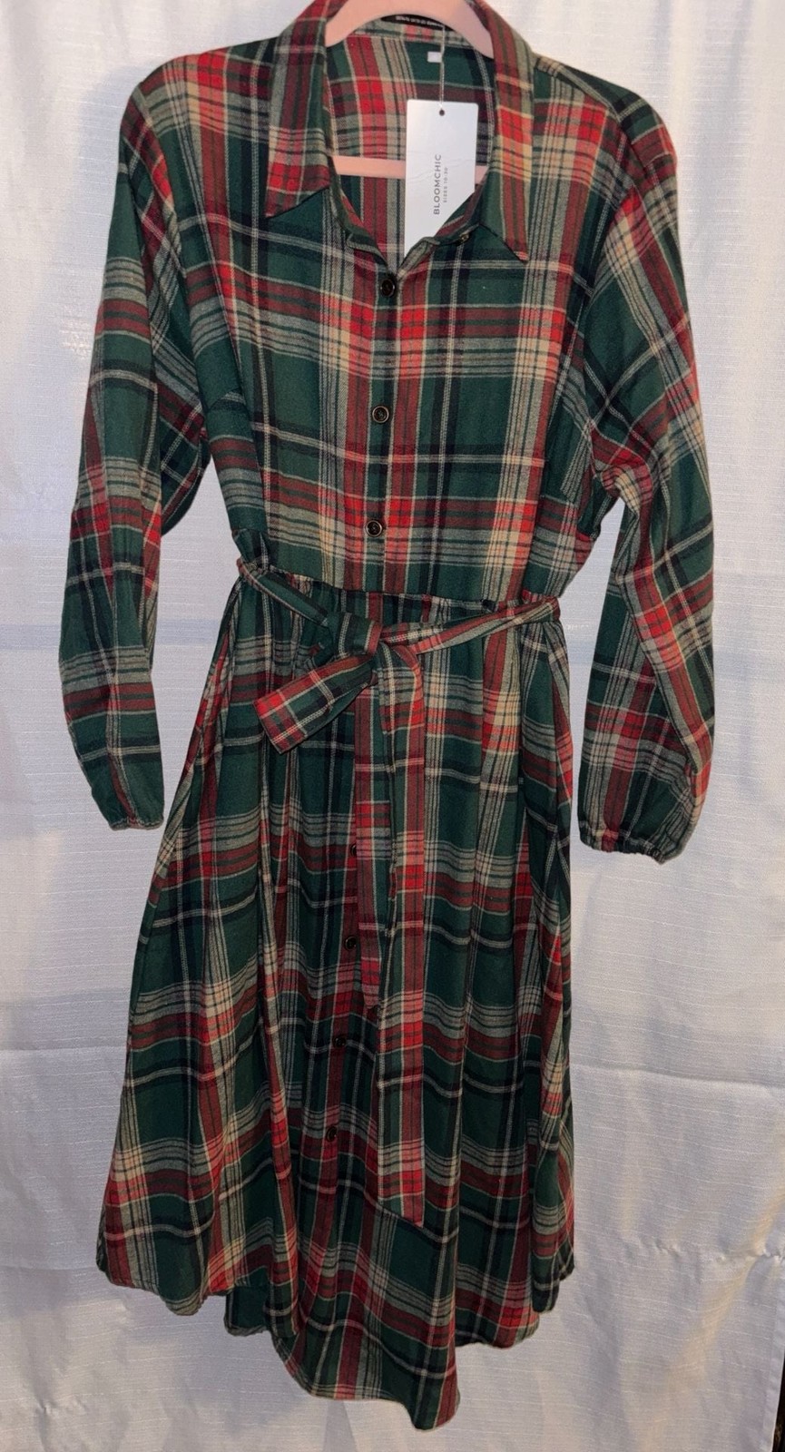 BloomChic Plaid Button Detail Pocket Belted Arc Hem Shirt Dress