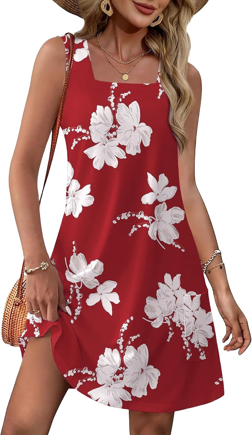 Womens Square Neck Sundress with Pockets Casual Loose Fit Summer Spring Dress