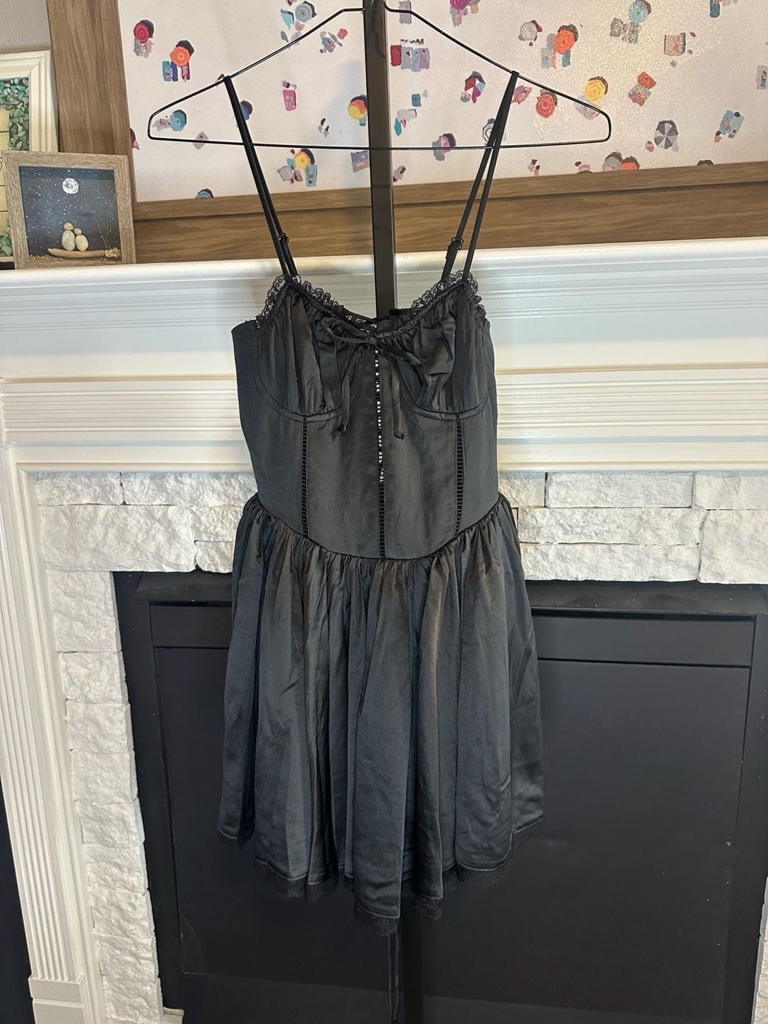 Black Satin Lace-Trim Corset Mini Dress with Back Lacing
