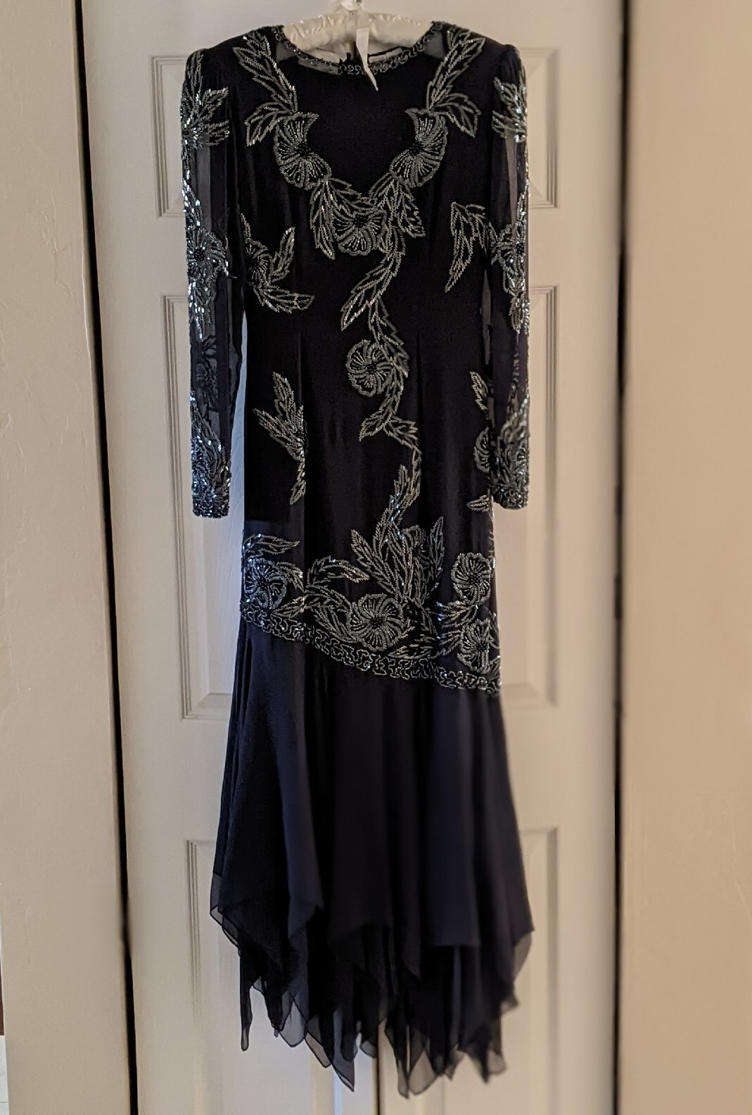 Creative Creations M black 100% silk hand beaded party flapper swing sheer flora