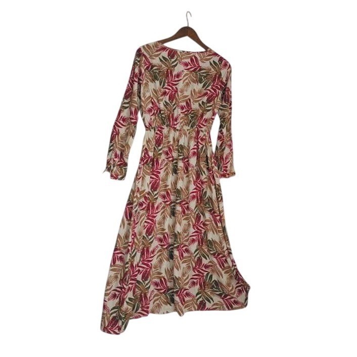 Parisian NWT Tropical Leaf Maxi Dress S 100% Cotton Pink Green Long Slv $158