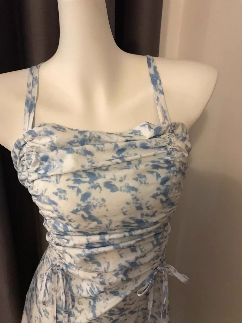 Blue and White Tie-Dye Spaghetti-Strap Dress