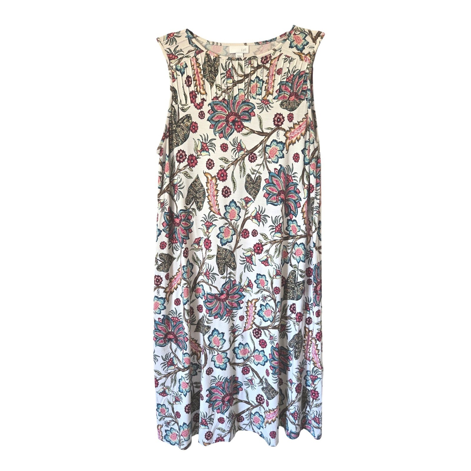 J. Jill Womens Small Floral Pintuck Sleeveless Knit Shift Dress Pockets