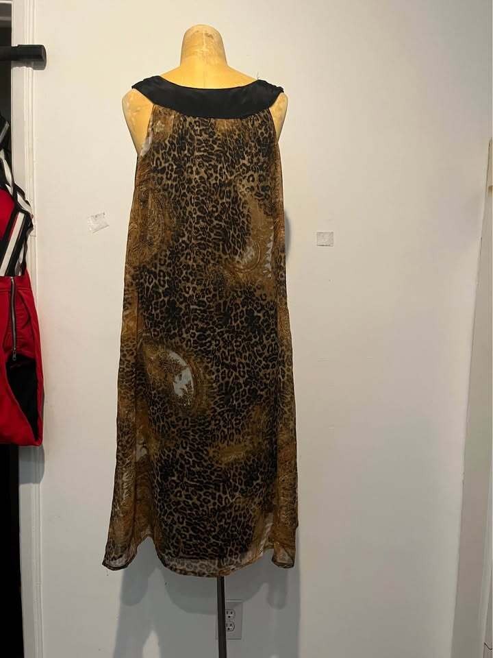 Leopard Print Embellished Neckline Midi Dress