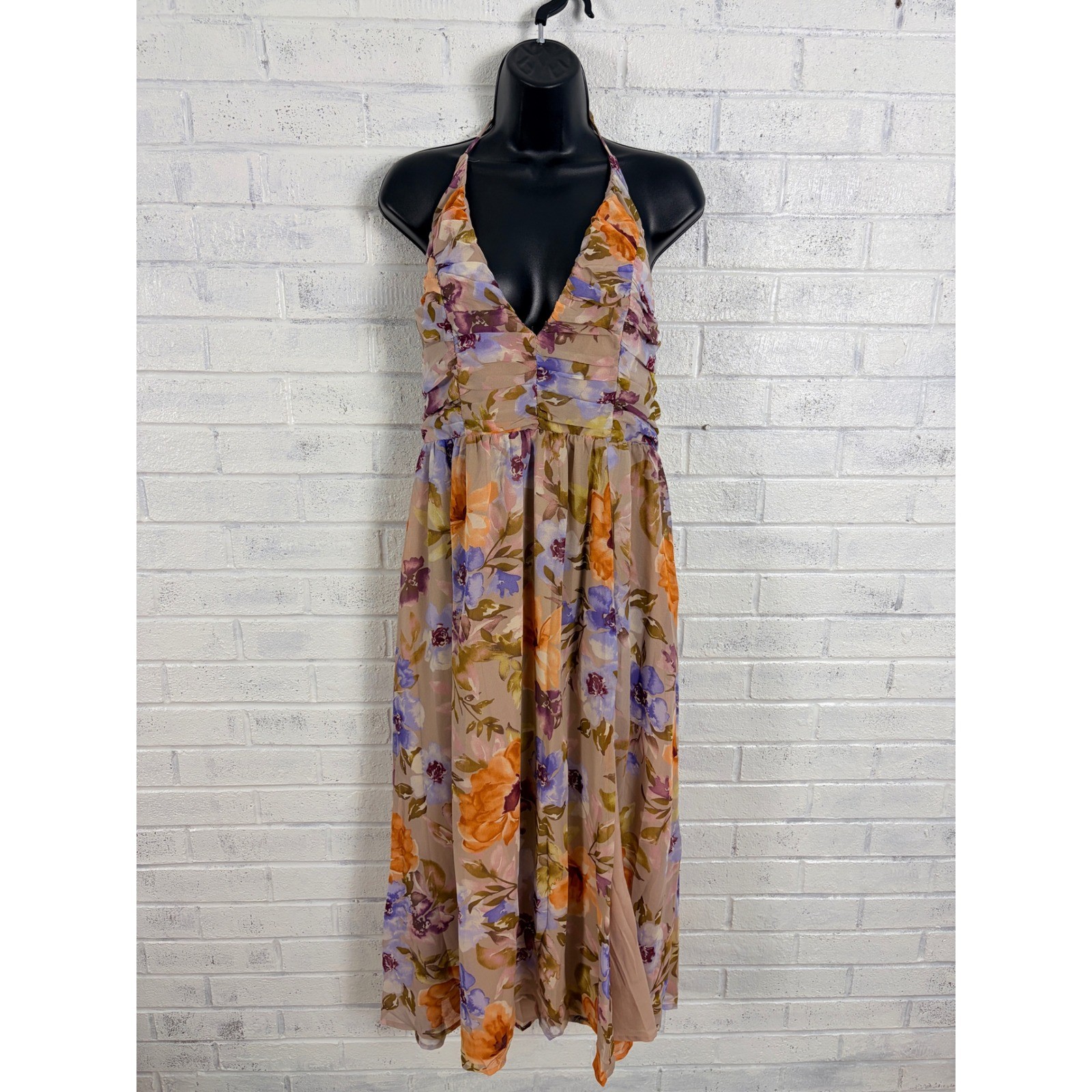 Lulus Halter Maxi Dress Women XL Floral Ruched Chiffon V-Neck Cottagecore