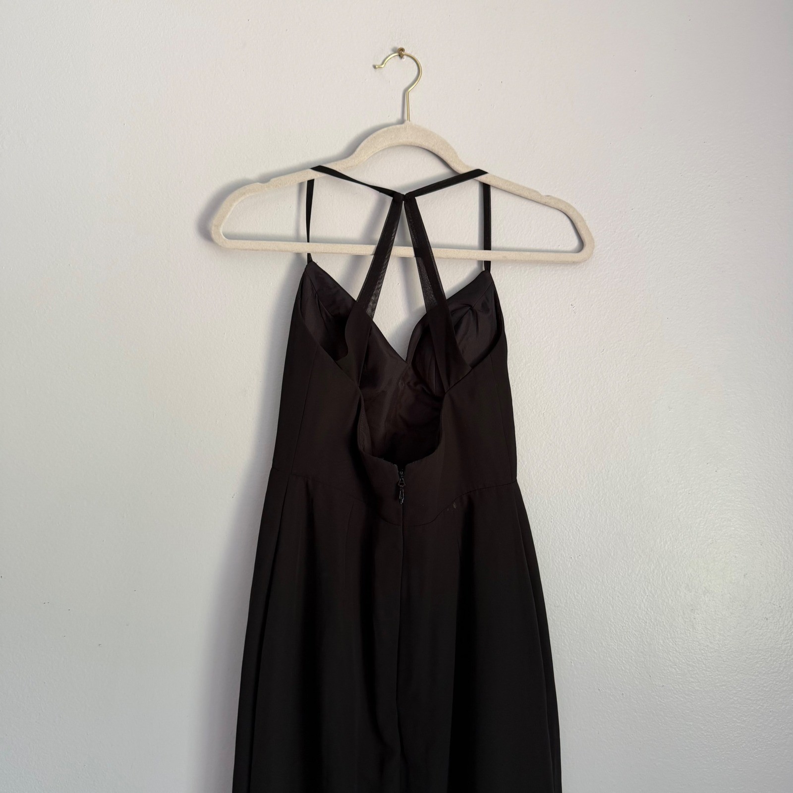 Azazie Black Chiffon Formal Gown V-Neck Strappy Back Maxi Dress Slit Size A0