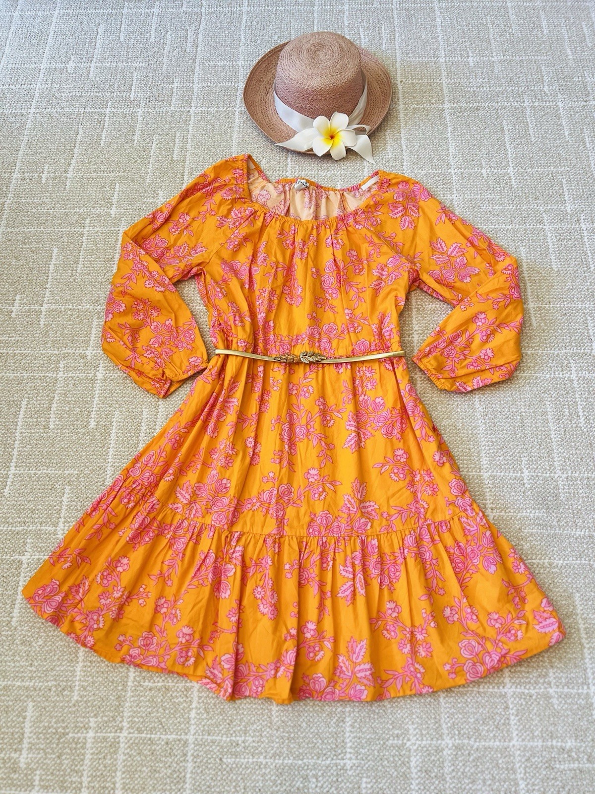 J Crew Long Sleeve Orange And Pink Floral Tiered Dress Size 14 Beach Cruisewear