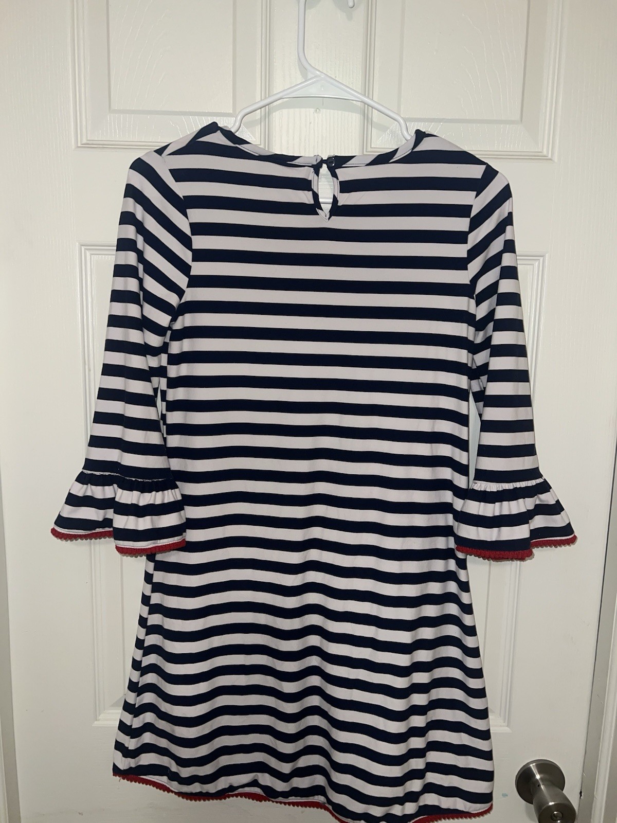 Rare Editions Navy White Striped Shift Dress Back to School “LOVE” Ruffle Trim