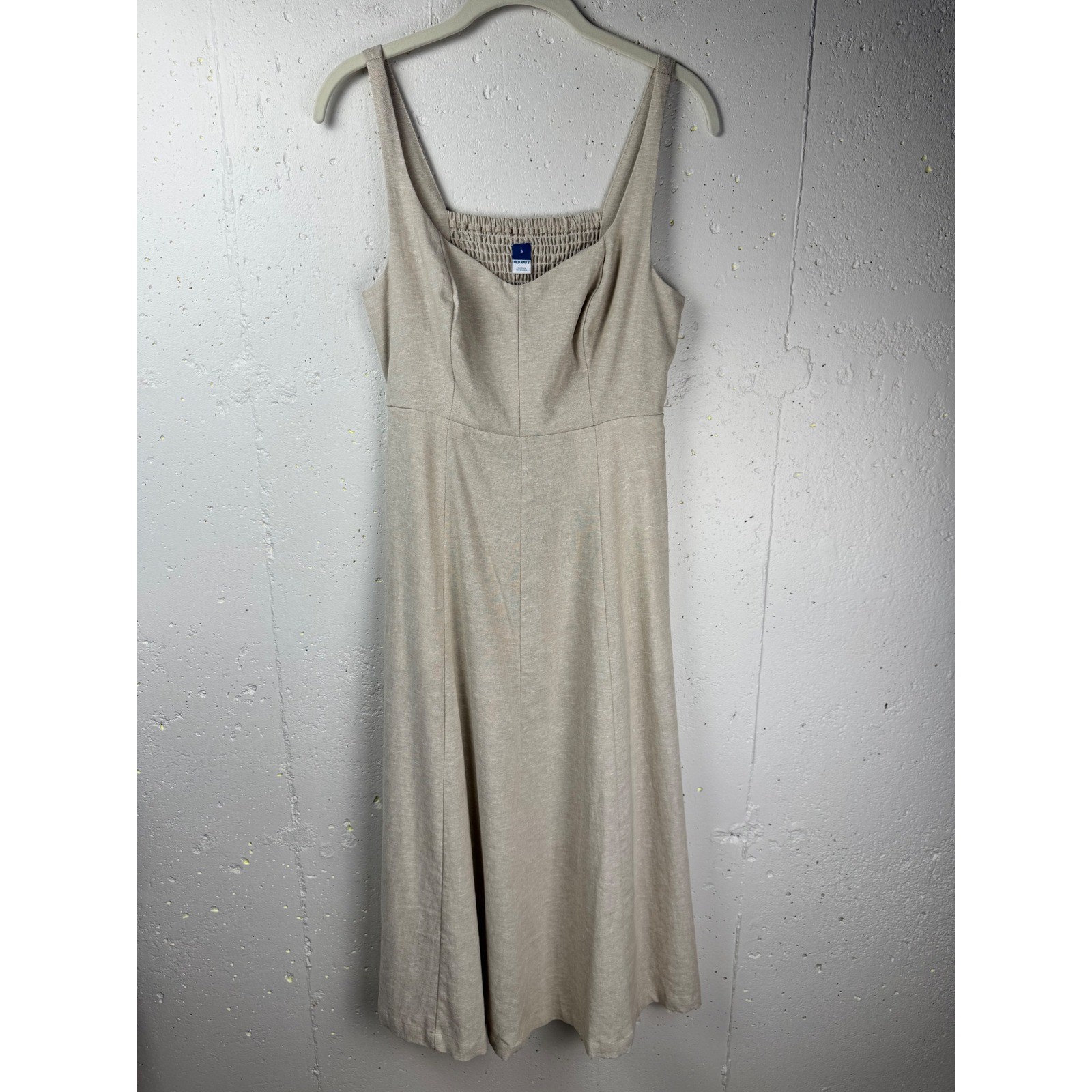 Old Navy Fit & Flare Sleeveless Linen Midi Dress S Beige Notch Neck Smocked Back
