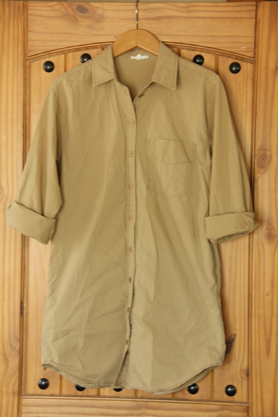 Mimosa M Beige Brown Oversized Button Up Shirt Dress Pockets 100% Cotton EUC!