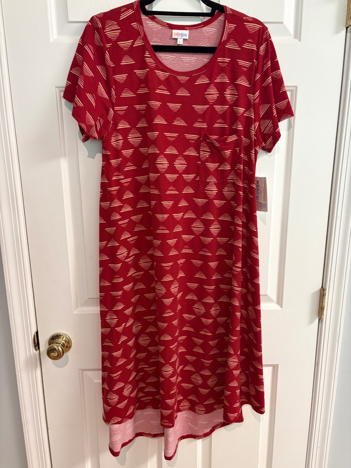 LuLaRoe NWT Carly dress Large (12-14); red geometric; triangles; hourglass
