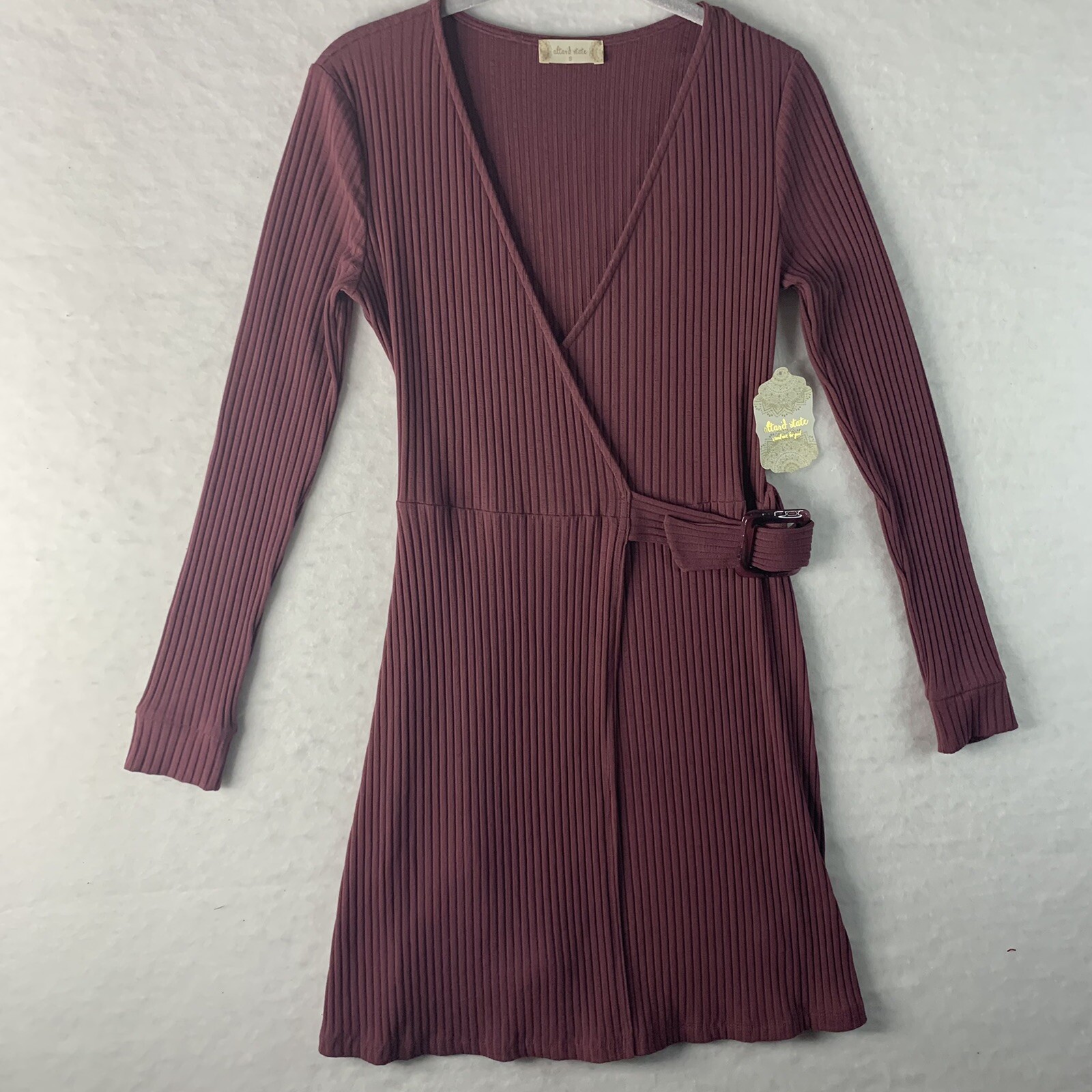 NWT Altar’d State Kimia Wrap Dress Sz SM Pink Wild Ginger V-Neck Rib Buckle Belt