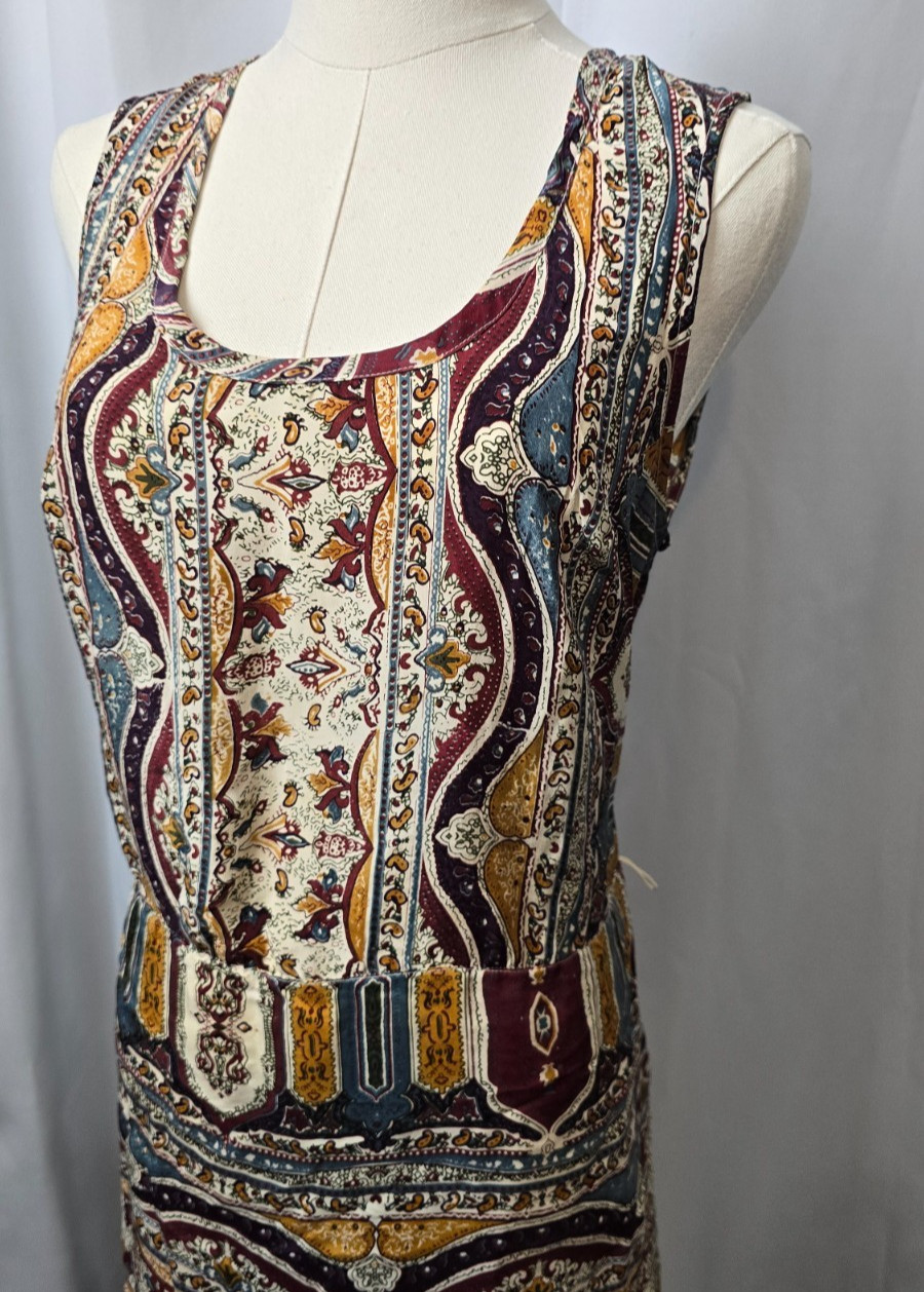 Vintage Lucky Brand Women Paisley Sleeveless 100% Silk Summer Dress Western Boho
