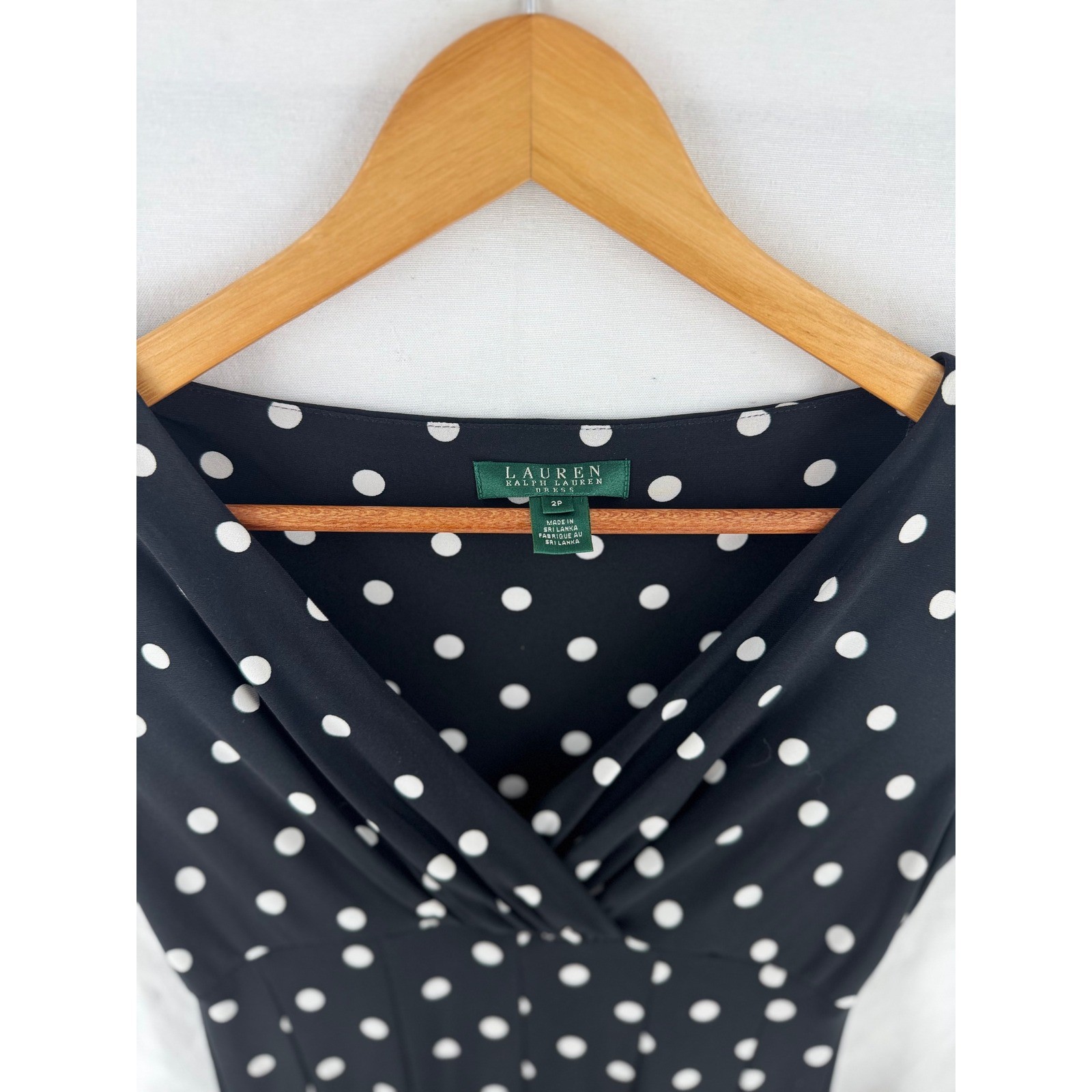 Lauren Ralph Lauren Polka Dot Dress Black White V-Neck Fit Flare Petite 2P