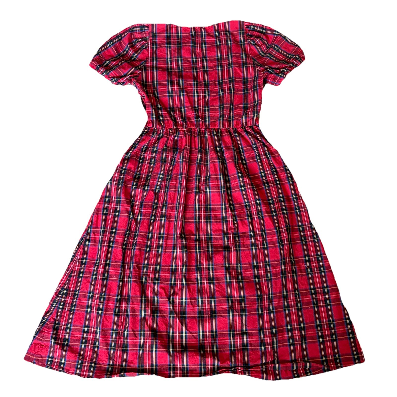 J Crew Red Tartan Plaid Dress Pockets Covered Buttons Puff Sleeves Women’s 4