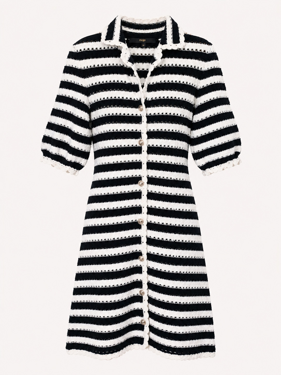 BNWT Maje Navy Ecru Crochet Knit Midi Dress FR40 UK12 Detachable Slip Collared
